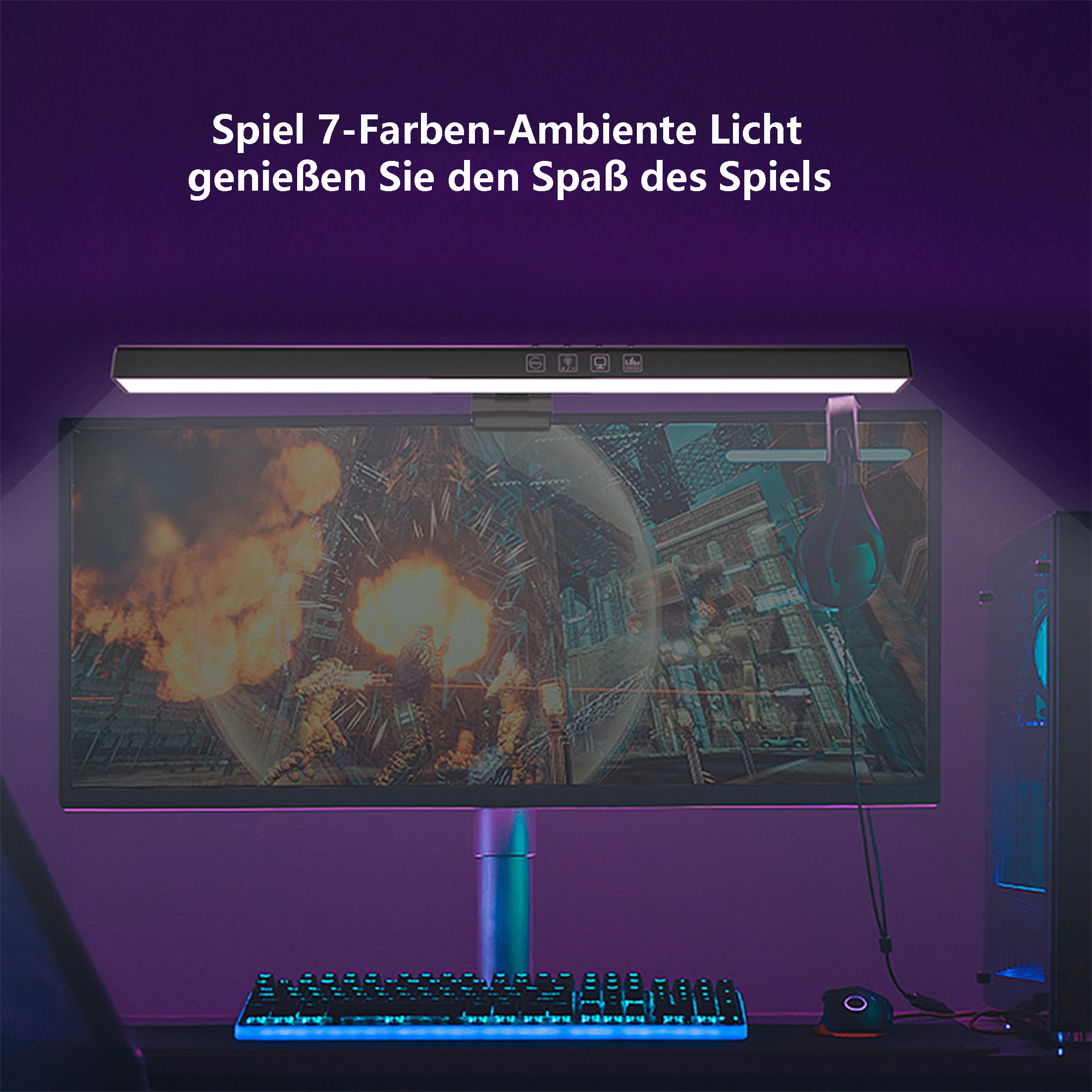 Ein Monitor mit einer Lichtleiste darüber, eine Tastatur und eine Maus. Die Szene ist lila.
