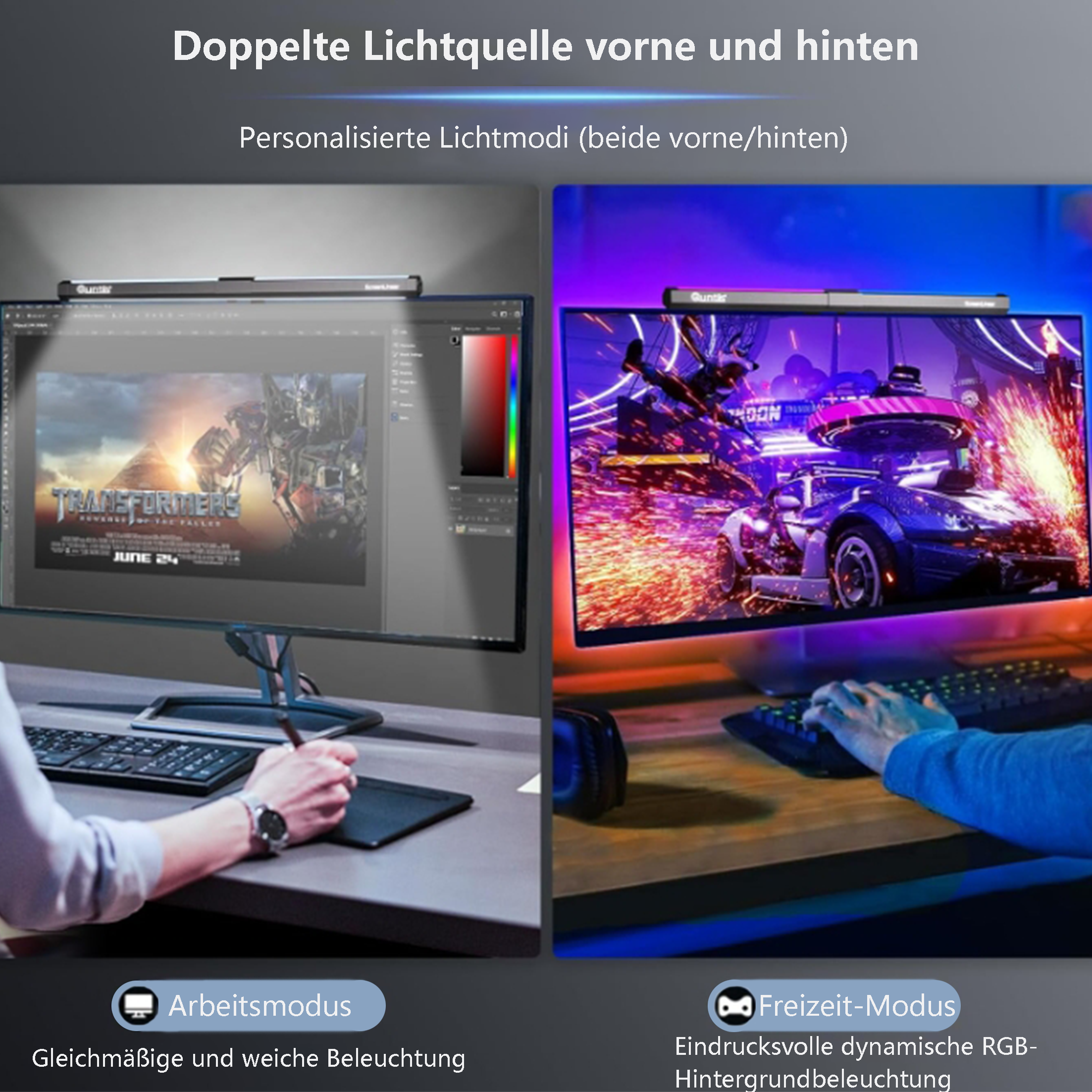 Zwei Computermonitore mit Lichtern darüber, die verschiedene Anzeigen zeigen.