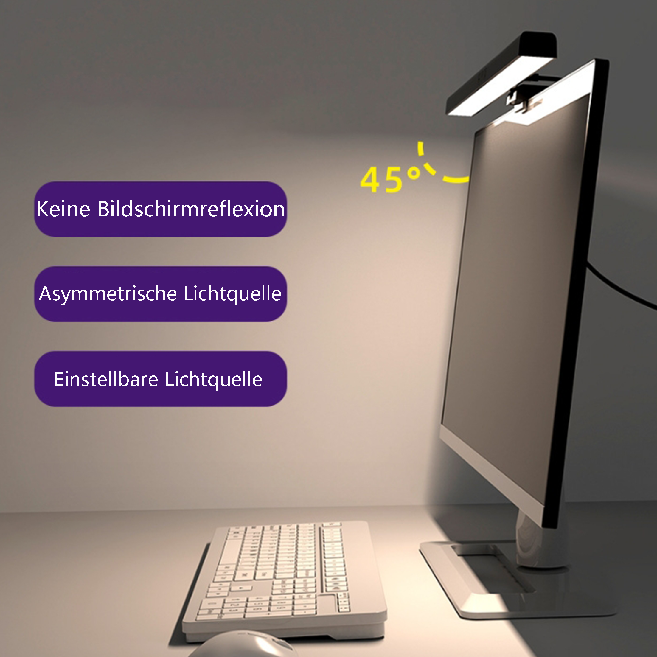 Ein Computermonitor mit einer Leuchte darüber. Textbezeichnungen beschreiben Funktionen wie einstellbares Licht.