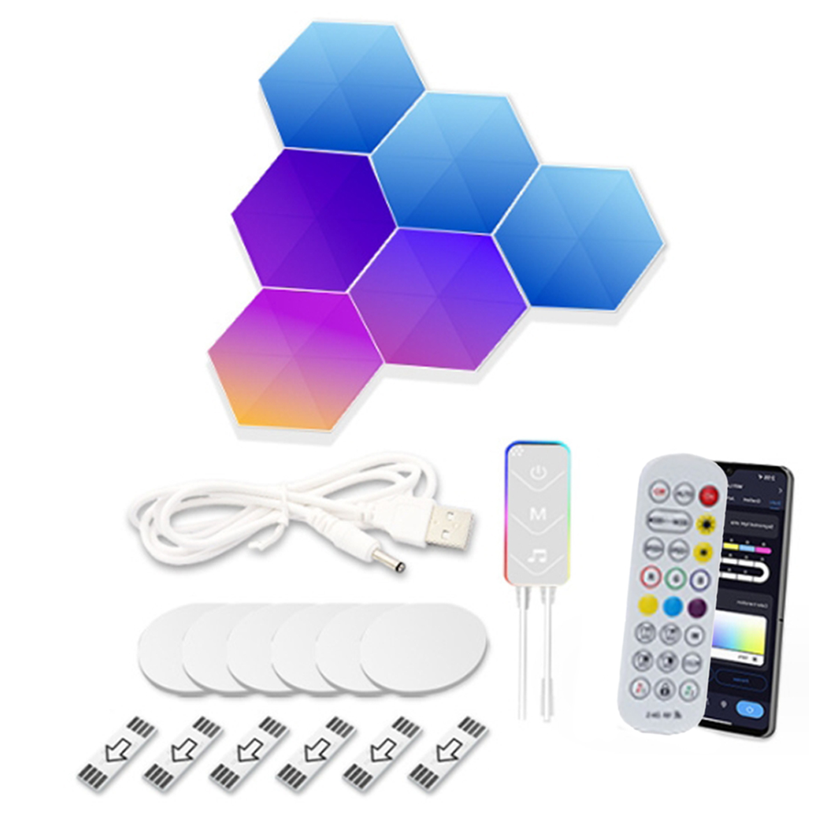 Ein Satz sechseckiger LED-Leuchten, eine Fernbedienung, ein Controller und ein Telefon auf weißem Untergrund.