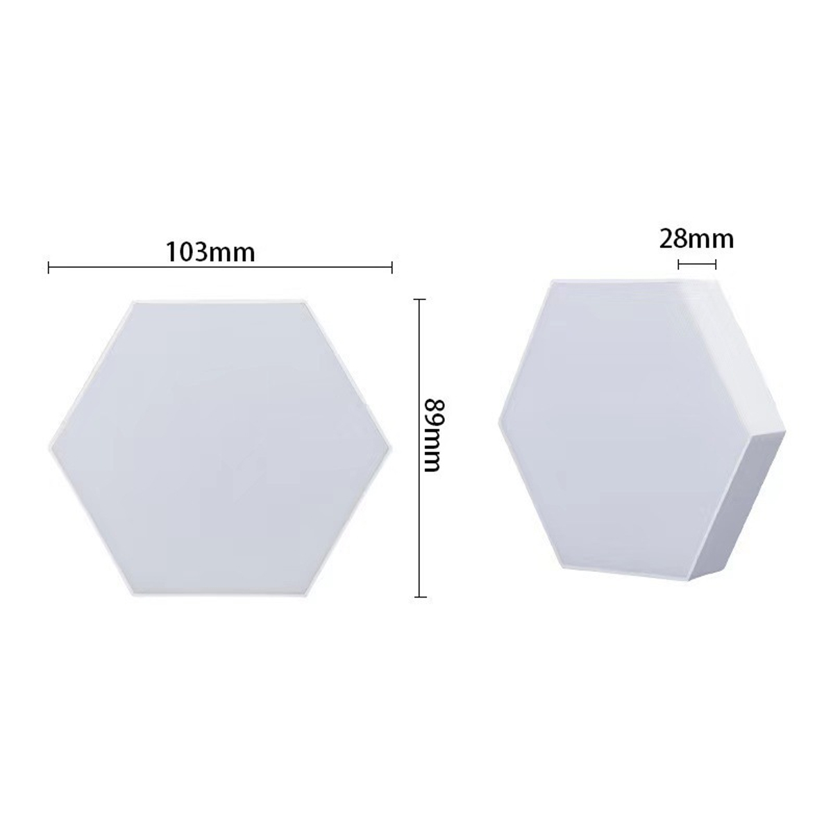 Weiße sechseckige Lichter mit Maßen: 103 mm, 89 mm und 28 mm.