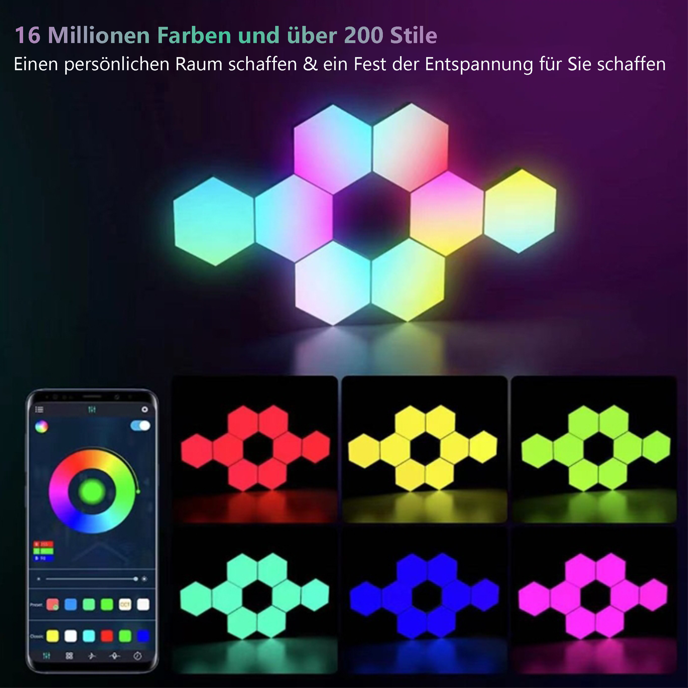Mehrere sechseckige Lichter in verschiedenen Farben, gesteuert von einem Smartphone.