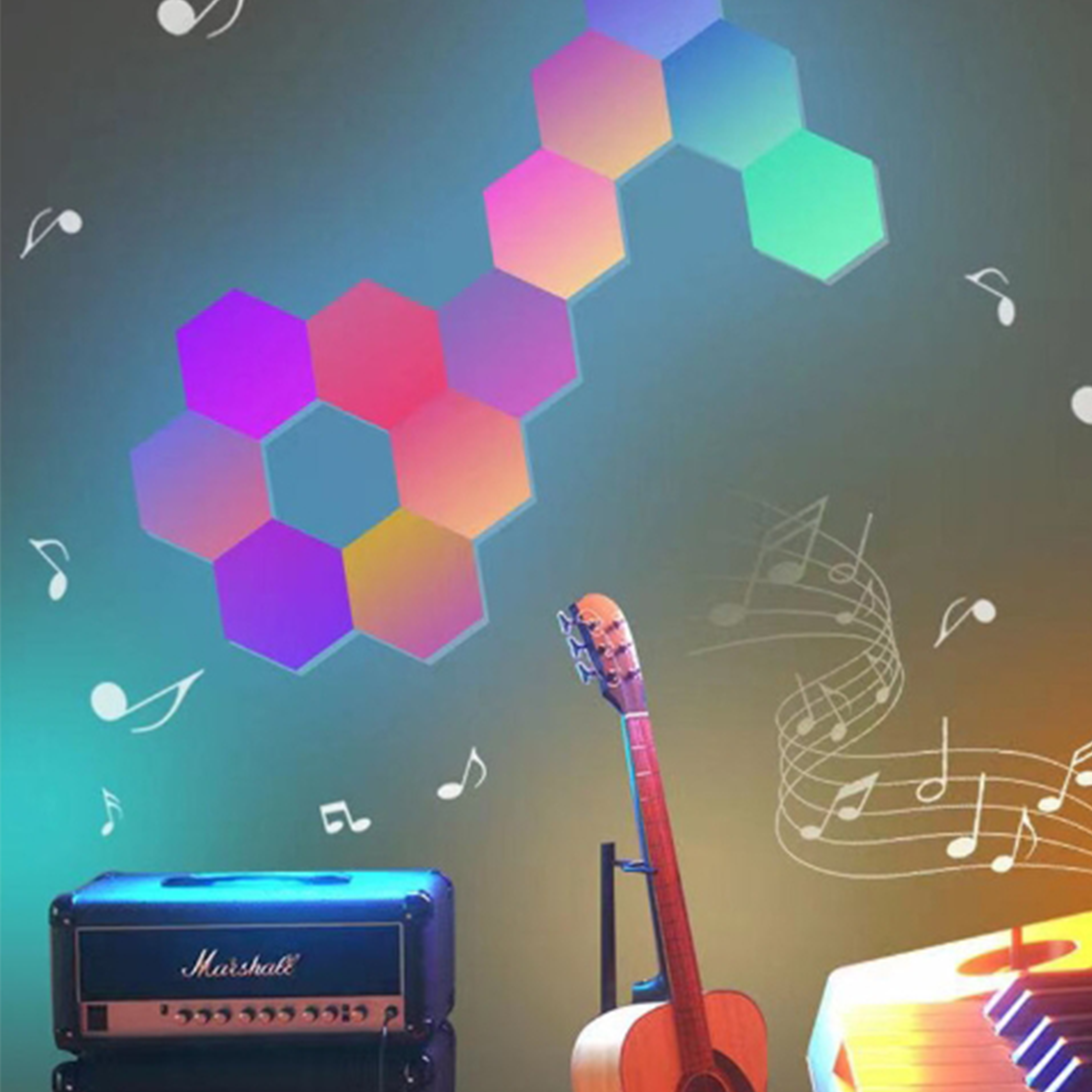 Ein Raum mit Noten, bunten sechseckigen Lichtern, einer Gitarre und Lautsprechern.