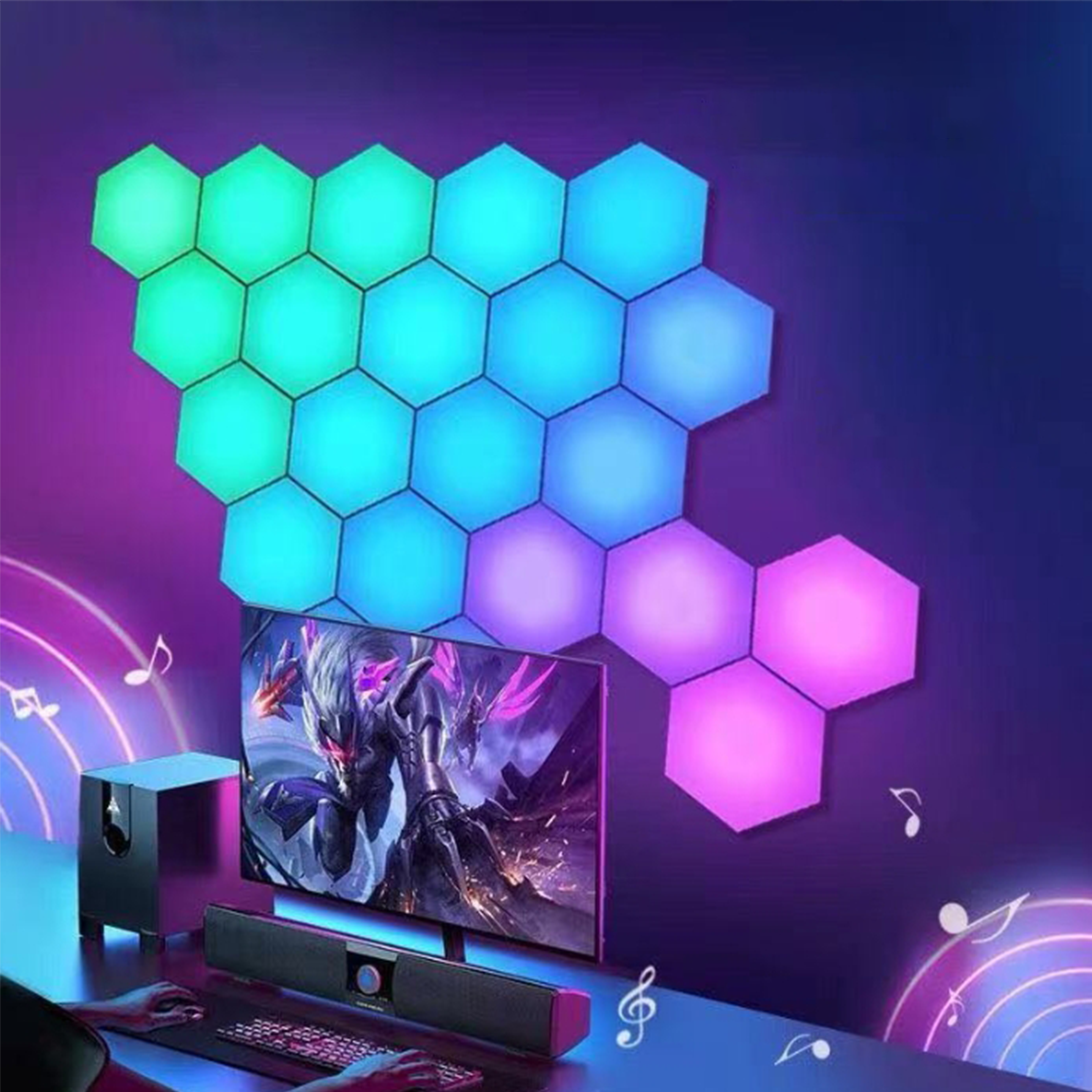 Ein Gaming-Setup mit farbenfrohen LED-Panels an der Wand, einem Monitor und einer Tastatur.