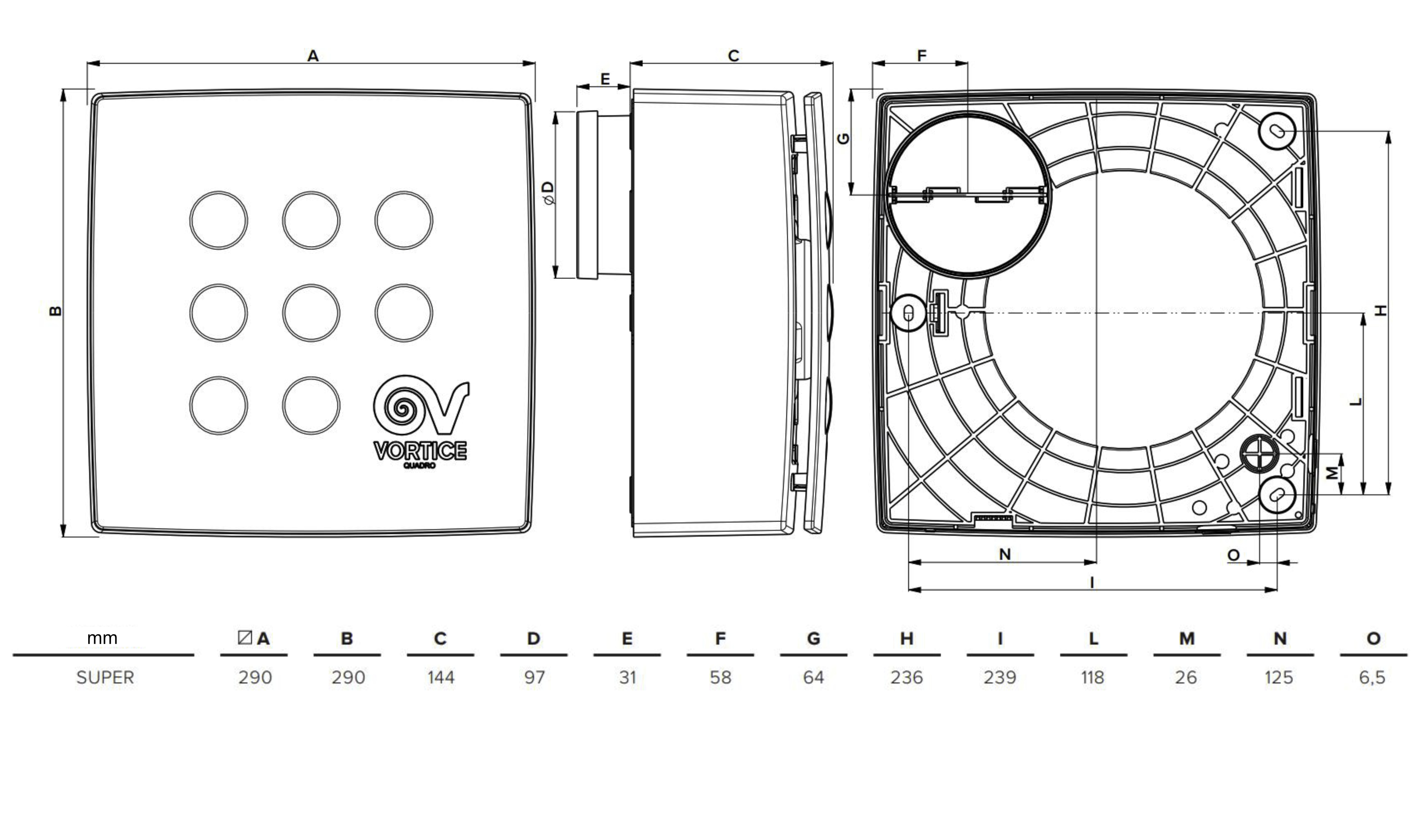Diagramm eines quadratischen Belüftungssystems mit Abmessungen. Zeigt Ventilator- und Luftstromdetails. Beschriftet.