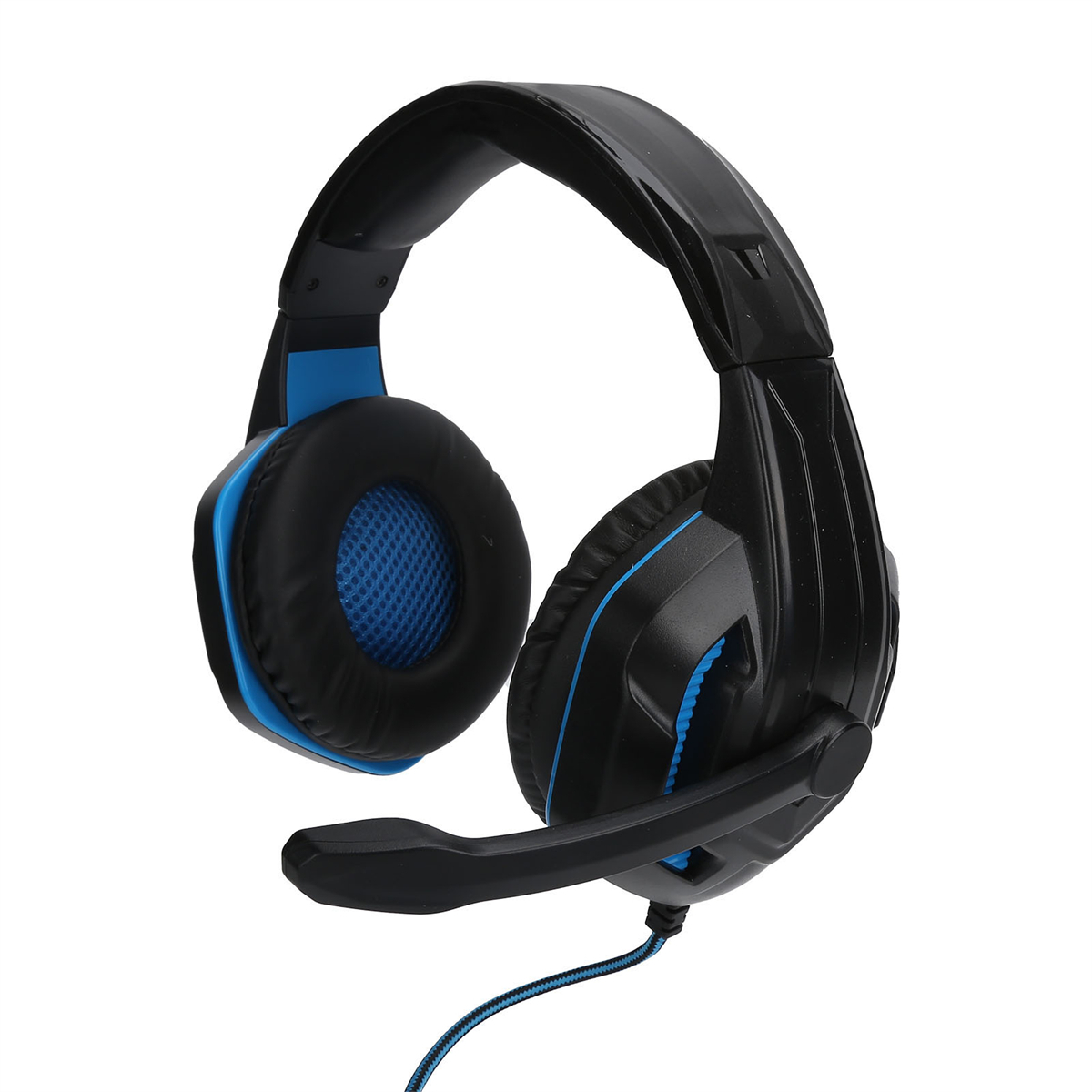 Schwarz-blaues Gaming-Headset mit Mikrofon. Die Ohrmuscheln haben blaues Mesh.