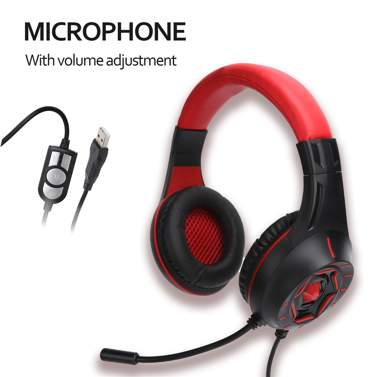 Rotes und schwarzes Headset mit Mikrofon. Es hat einen USB-Anschluss und Lautstärkeregelung.