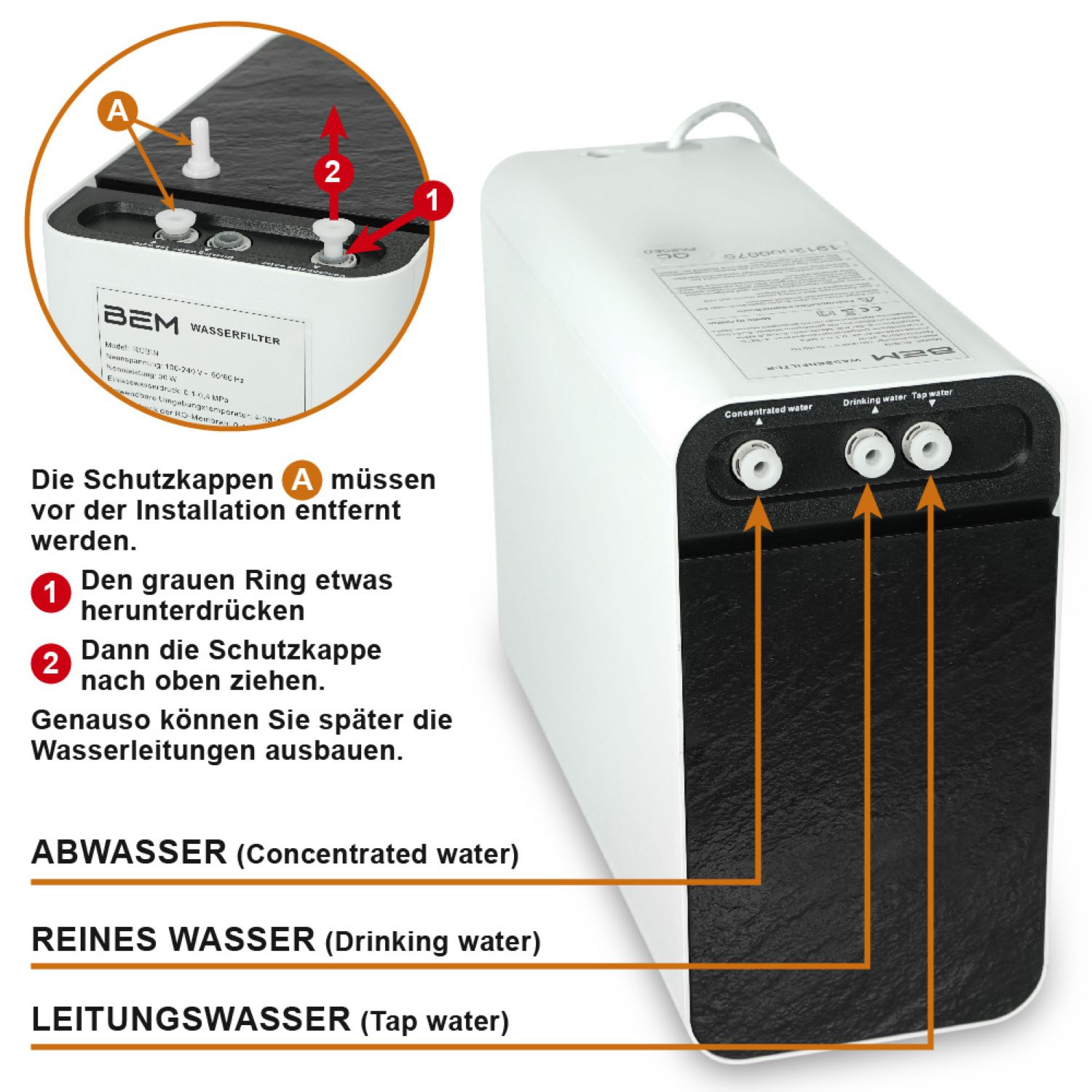 Wasserfilter mit Etiketten für Wasserein- und -auslass. Anweisungen auf Deutsch mit Pfeilen, die auf Teile zeigen.