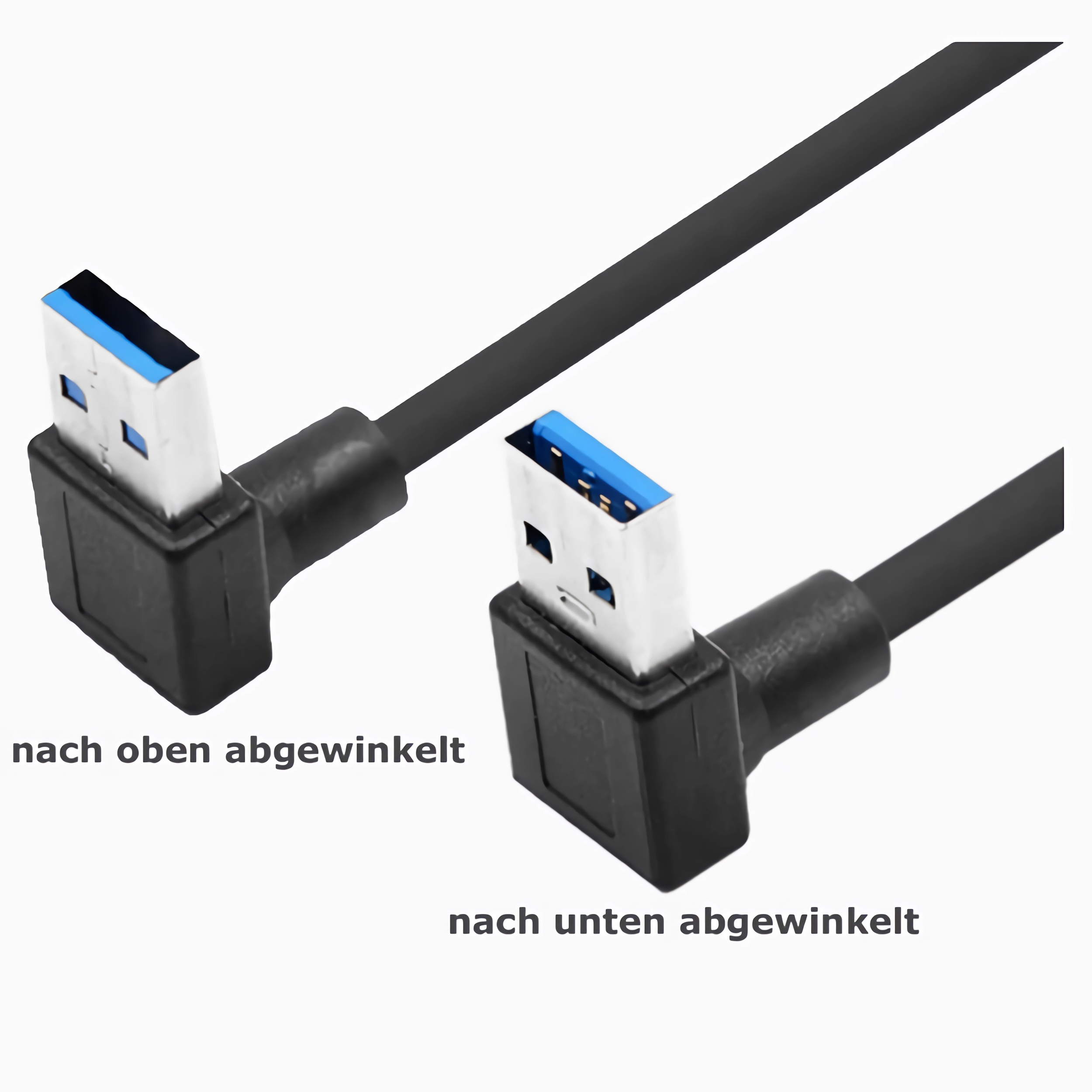 Zwei schwarze USB-Kabel mit abgewinkelten Steckern. Eines nach oben, eines nach unten abgewinkelt.
