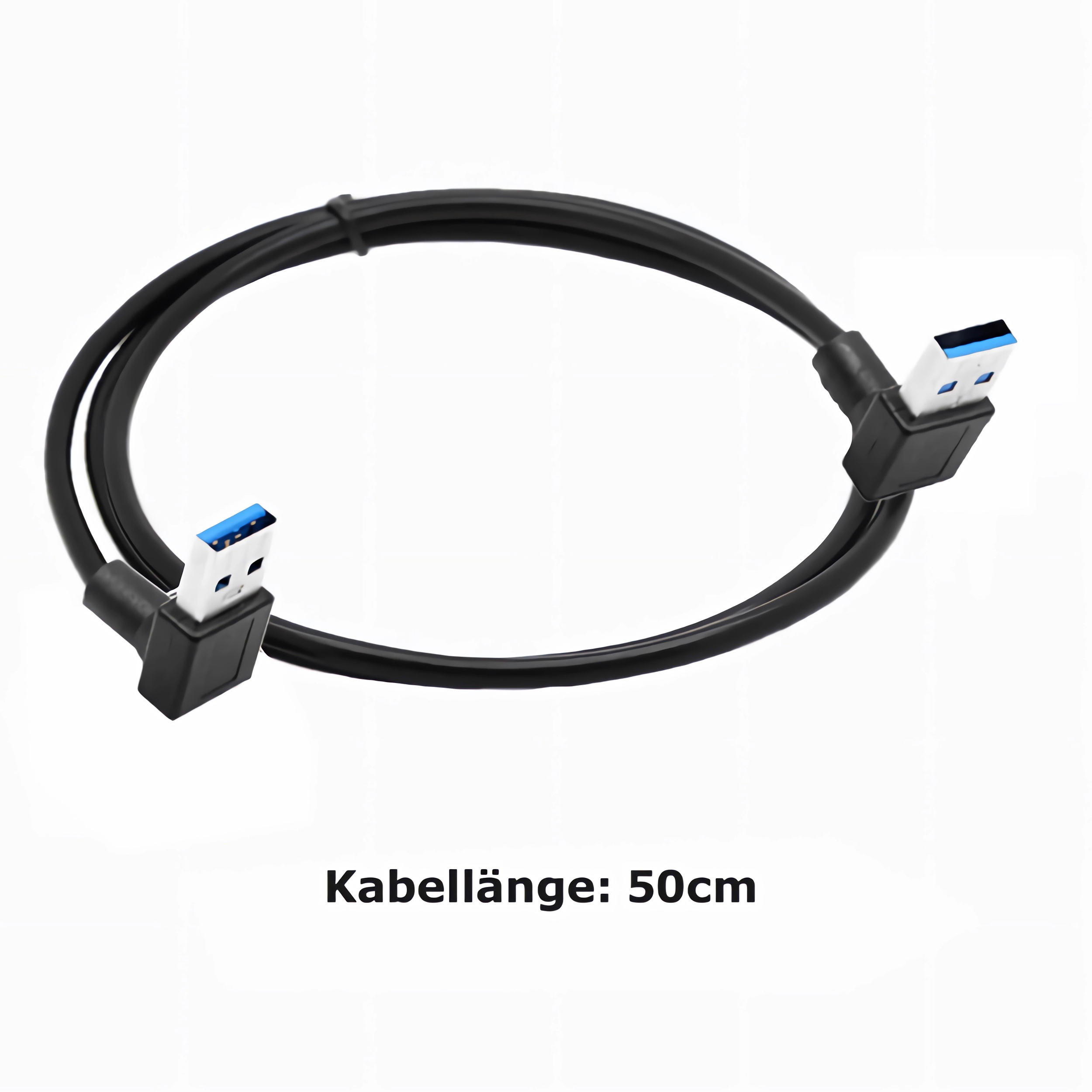 Schwarzes USB-Kabel mit blauen Enden. Das Kabel ist zu einer Schlaufe gebogen.