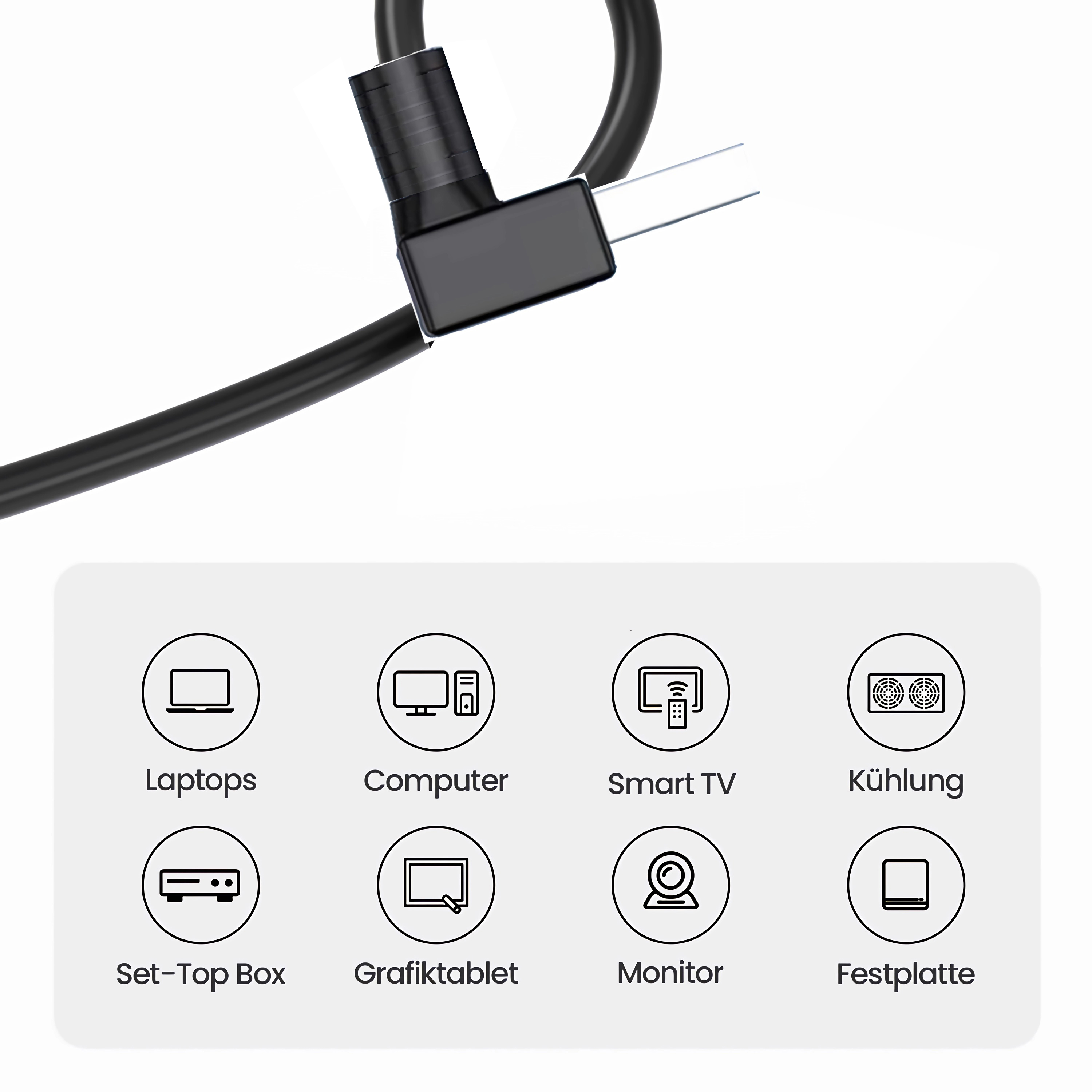 Ein schwarzes USB-C-Kabel mit Symbolen für Elektronik. Zu den Symbolen gehören Laptops, Computer und ein Monitor.