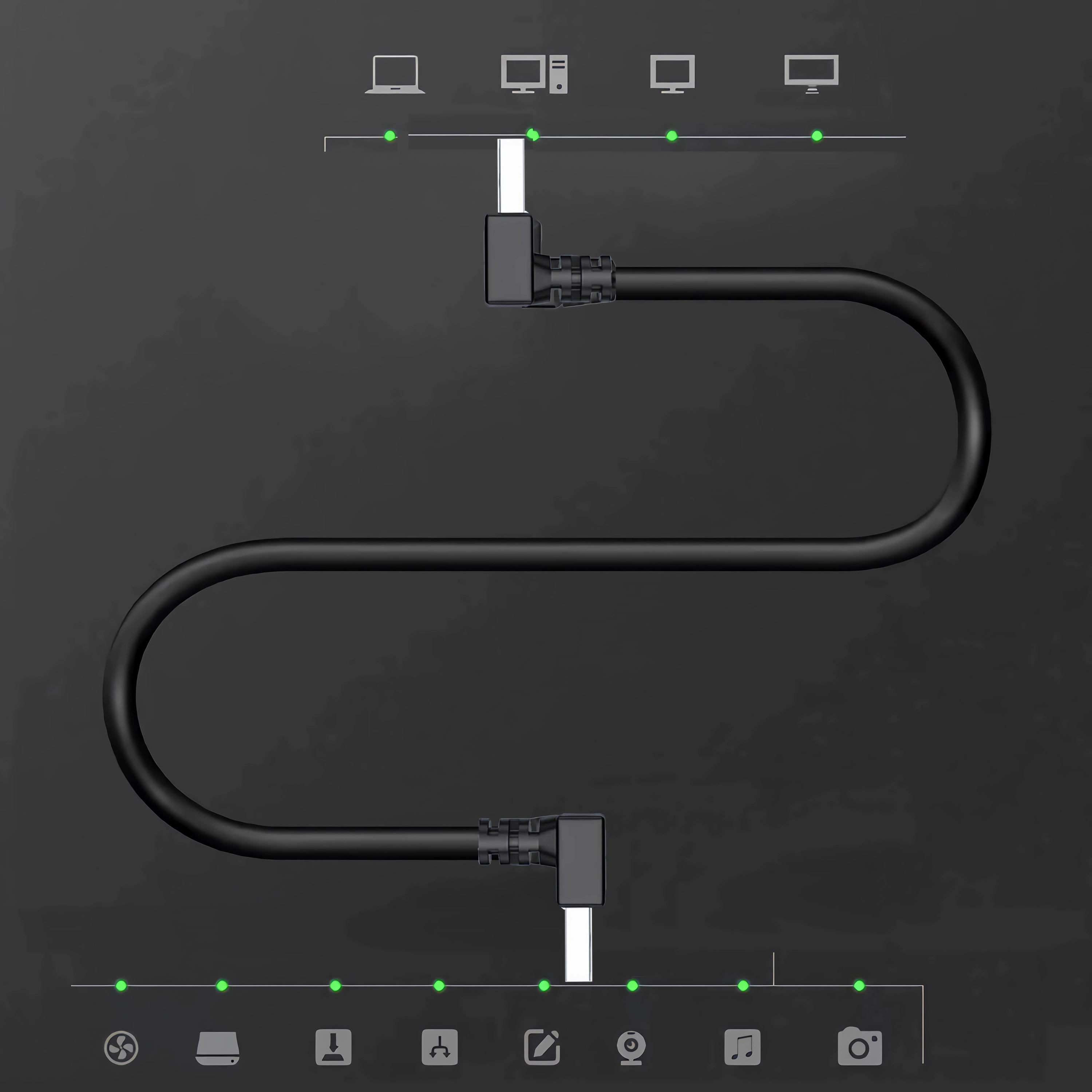 Ein schwarzes Kabel. Diagramme zeigen Verbindungen zu verschiedenen Geräten: Laptop, Monitor, Lautsprecher, Kamera usw.