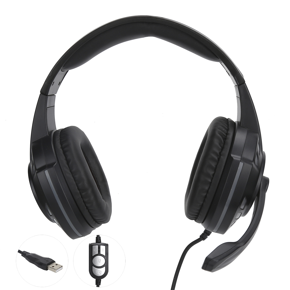 Schwarze Kopfhörer mit Mikrofon und USB-Kabel. Bedienfeld am Kabel. Weißer Hintergrund.
