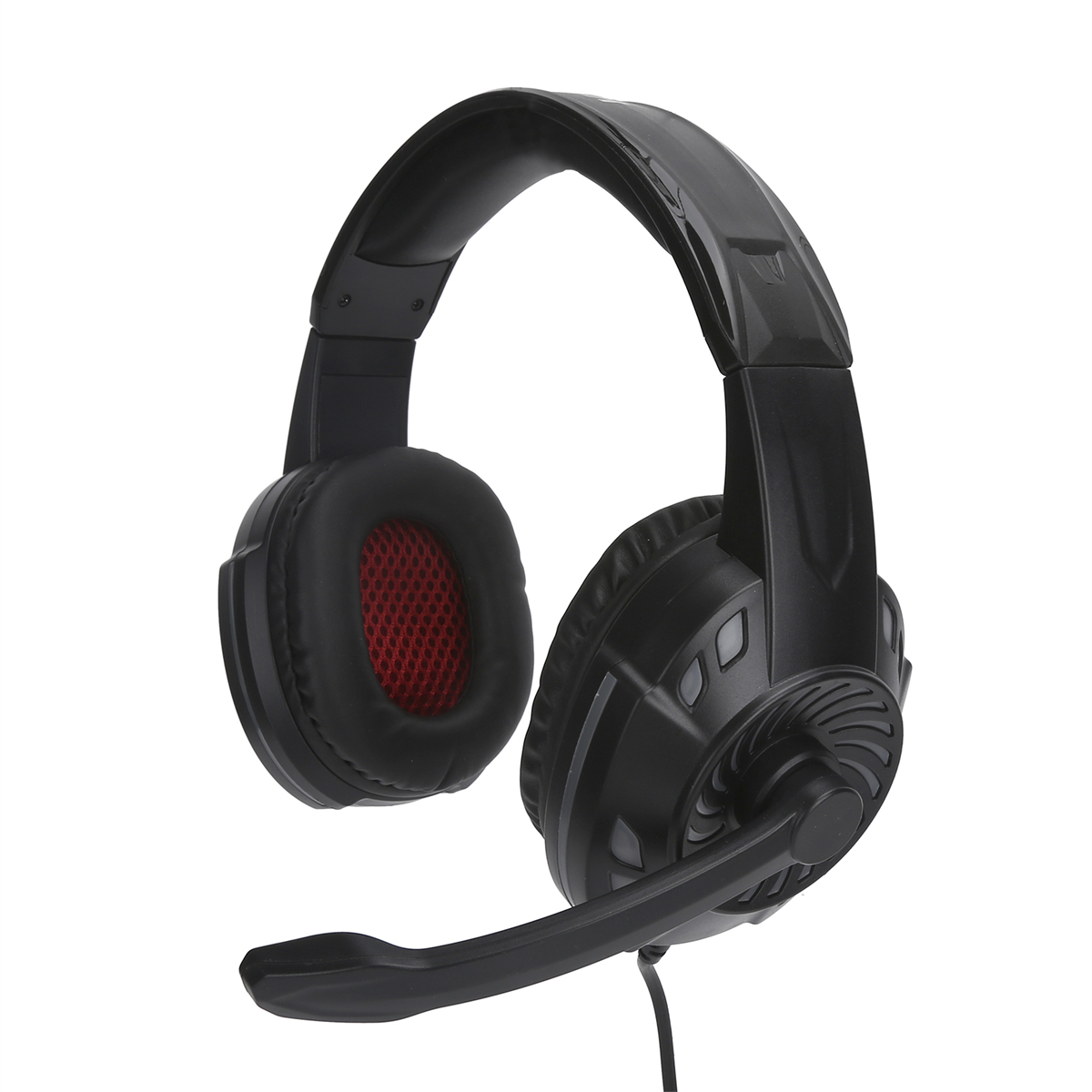 Schwarzes Gaming-Headset mit rotem Netz an den Ohrmuscheln und Mikrofon.