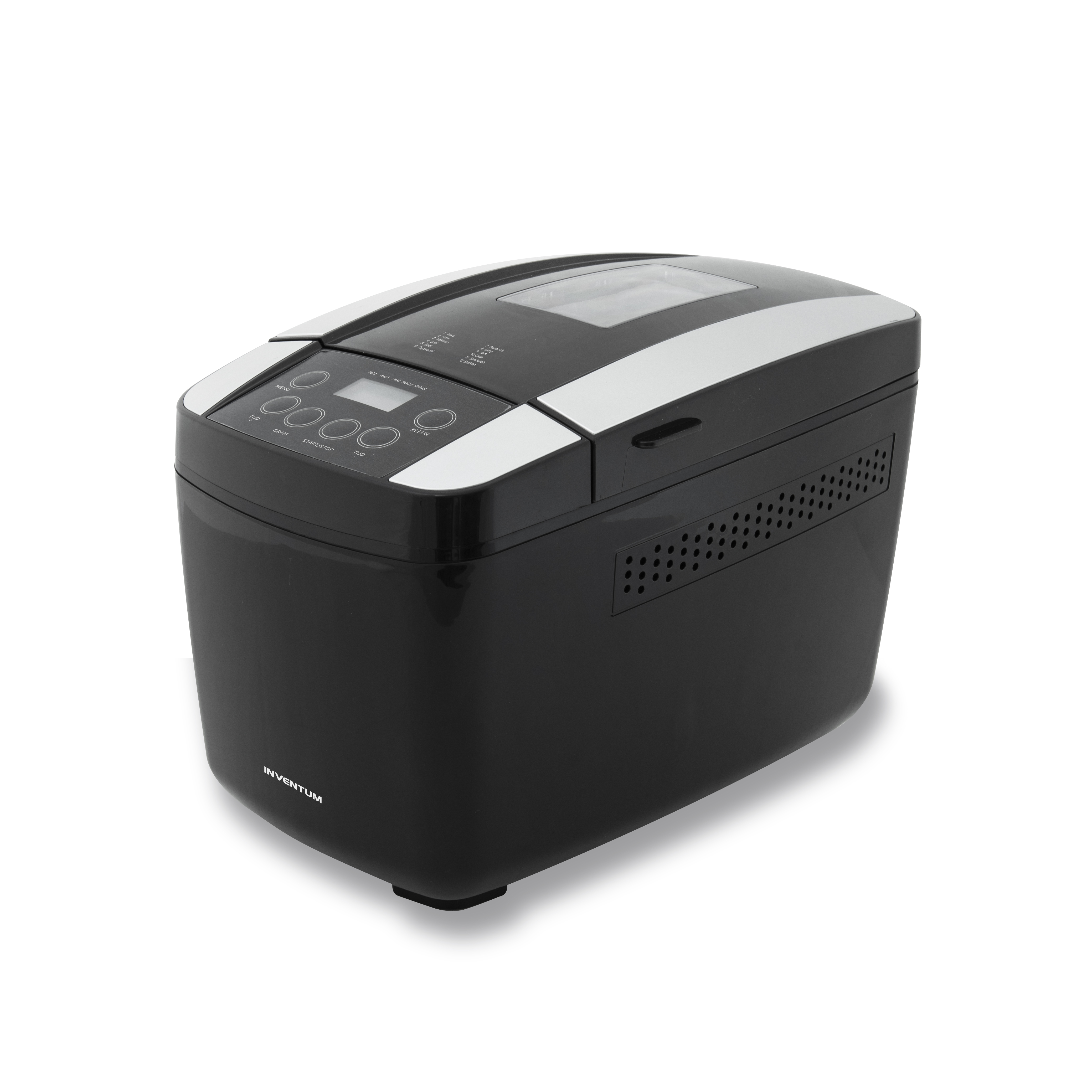 Black bread maker on a white background, with digital display and control buttons.
