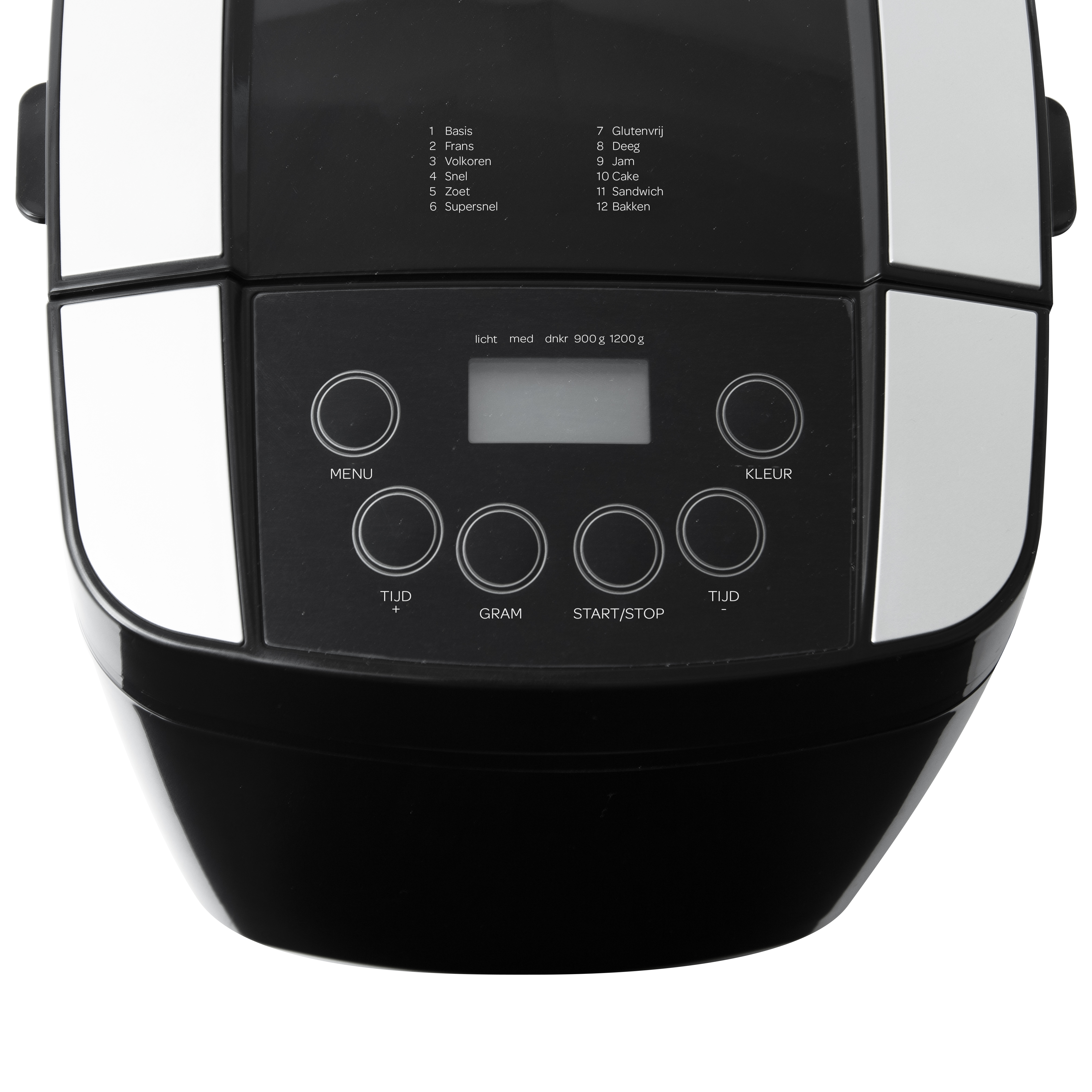 A black bread maker. It has buttons, a display, and a lid. The top is black and white.