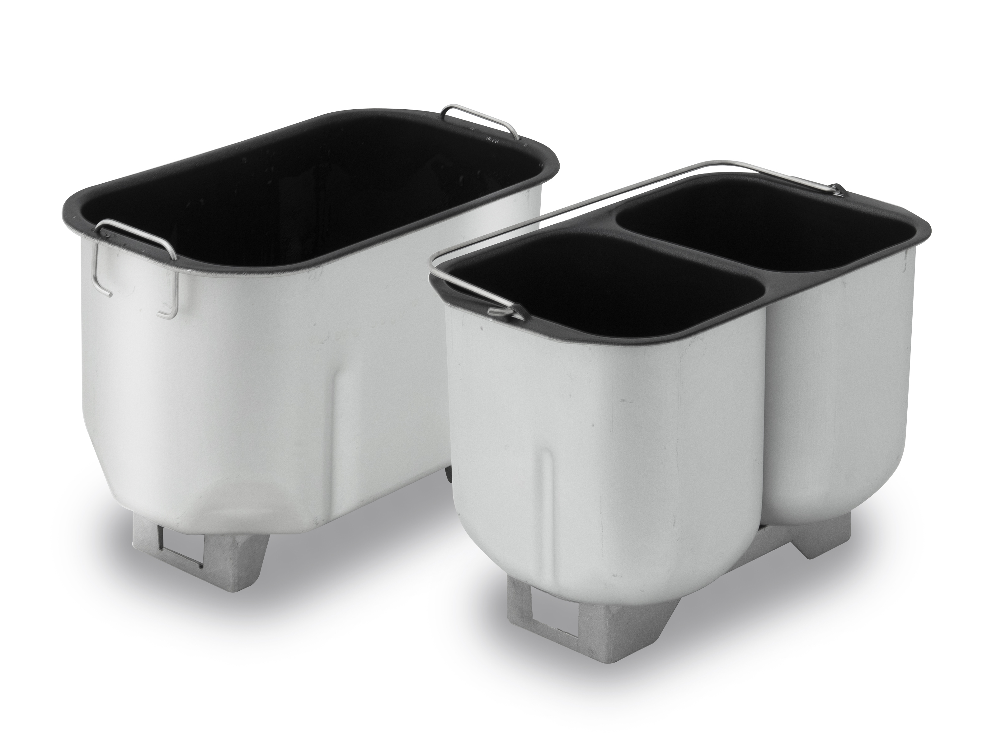 Two white bread maker pans with handles. One rectangular, the other with two compartments.