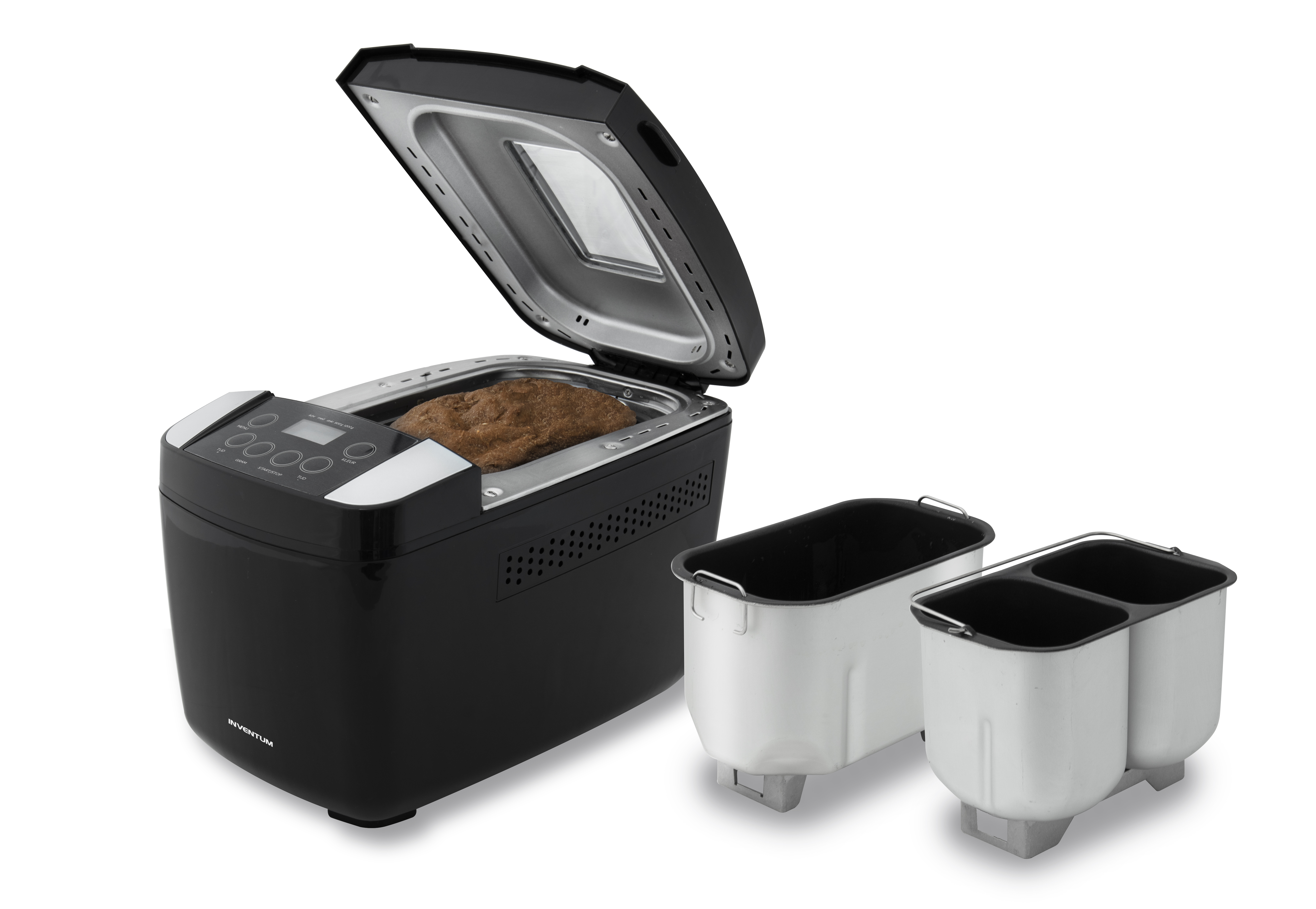 Black bread maker with two pans. The lid is open, and the bread is visible. The brand is Inventum.