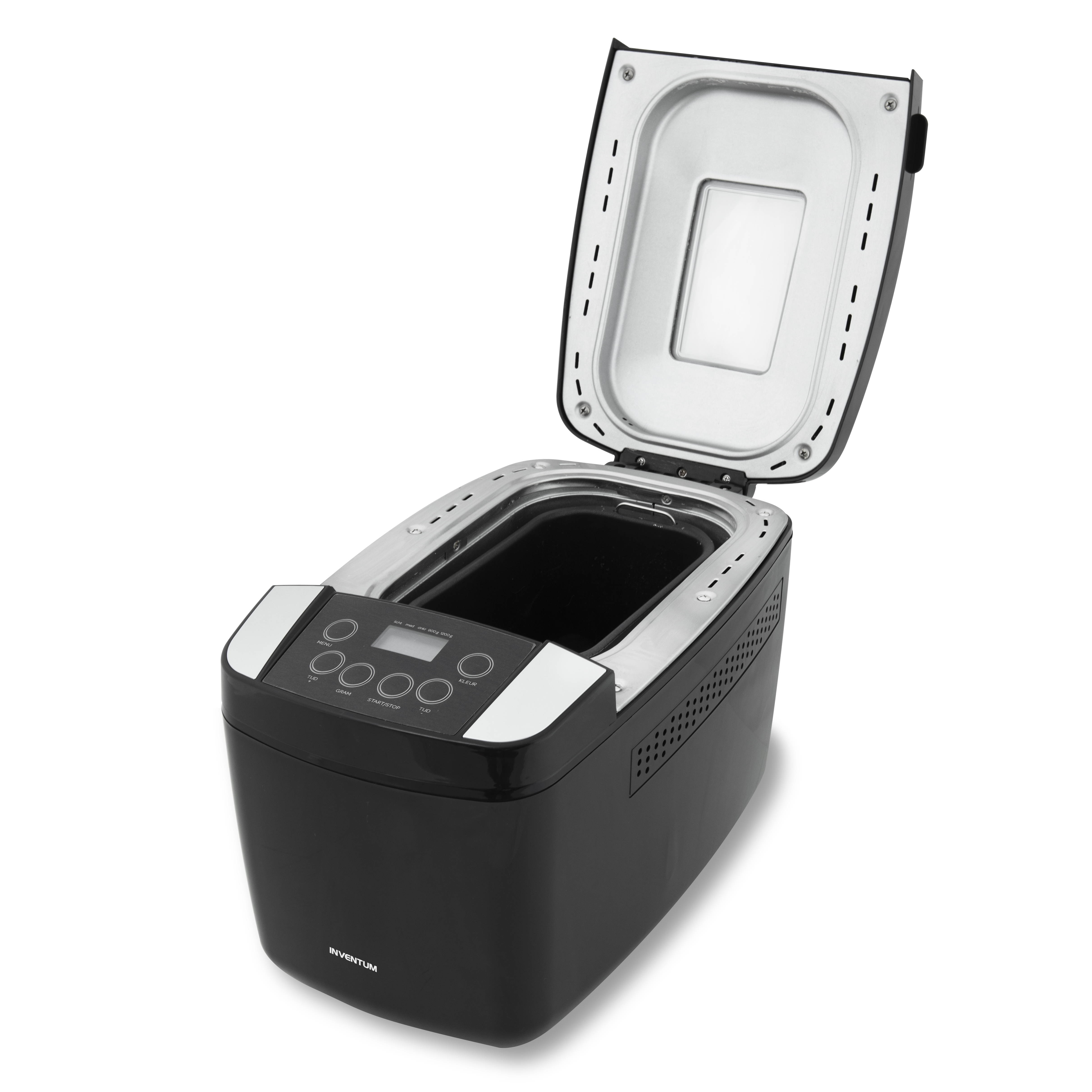 Black bread maker, open lid, control panel with buttons and display screen. White background.