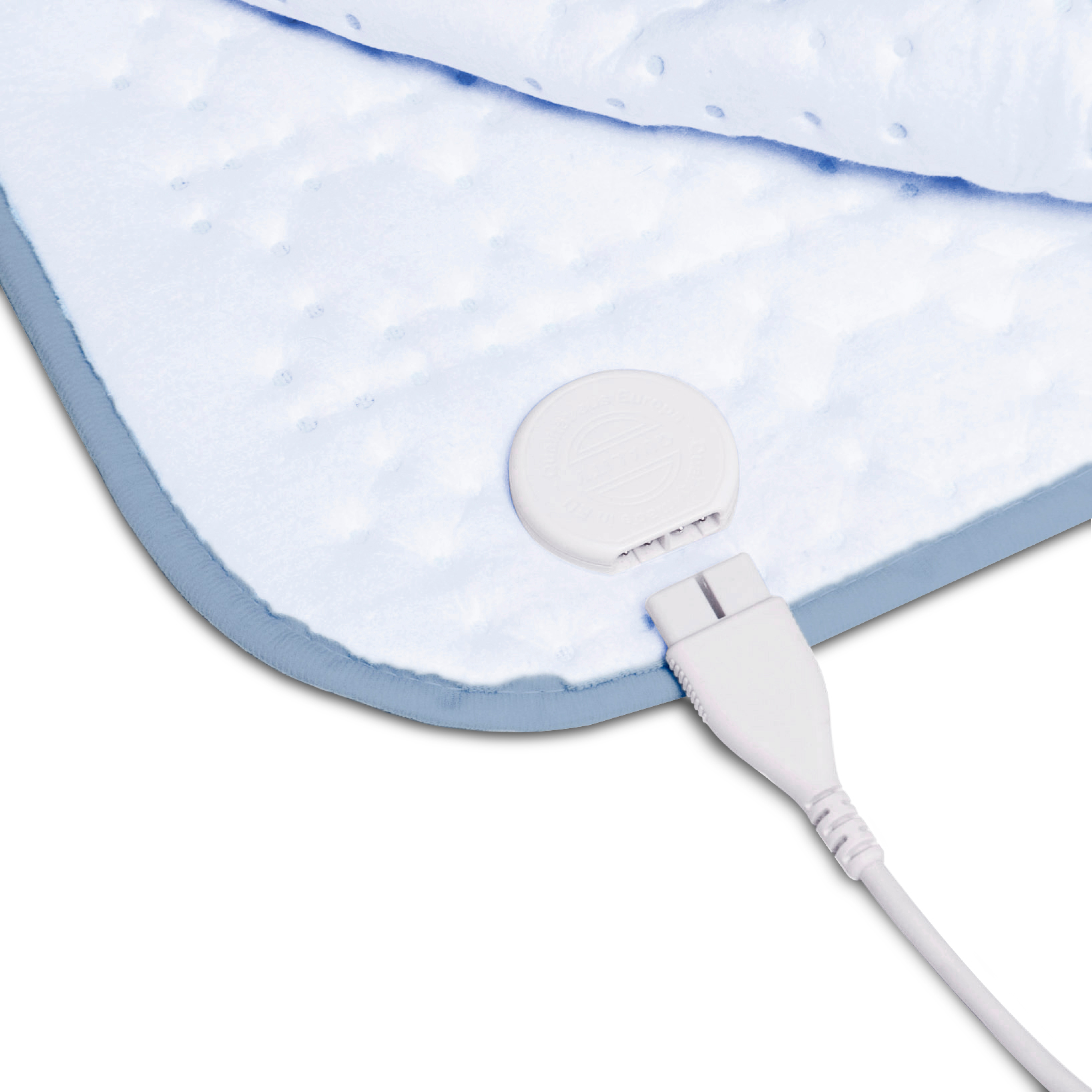Blue electric heating pad with a white plug. The pad has a blue border and white dots.