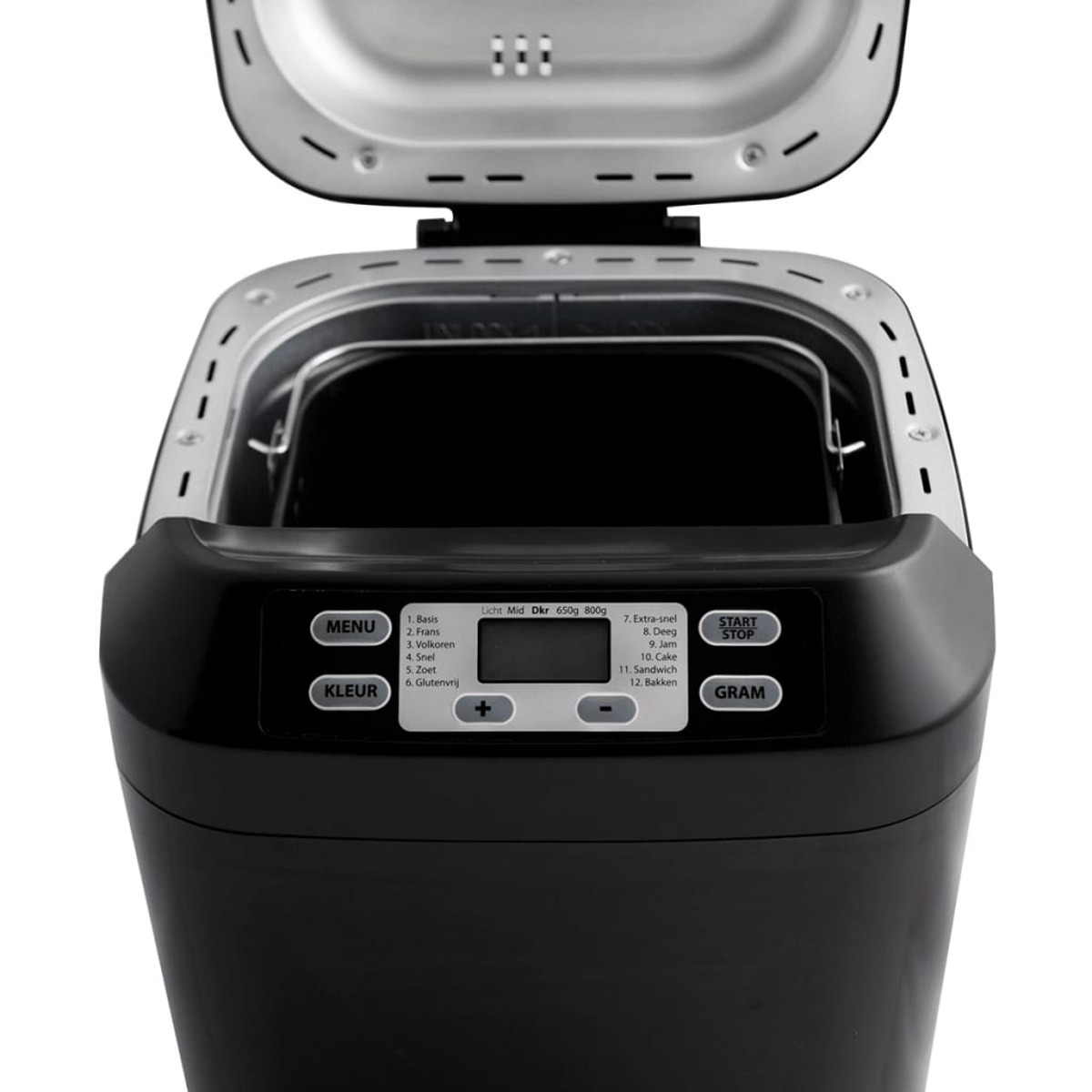 Black bread maker with open lid. Menu buttons, LCD screen, and control panel visible. White background.
