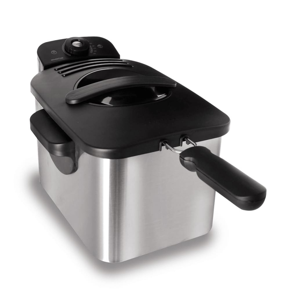 Friteuse met een zwart deksel en handvat, roestvrijstalen behuizing.