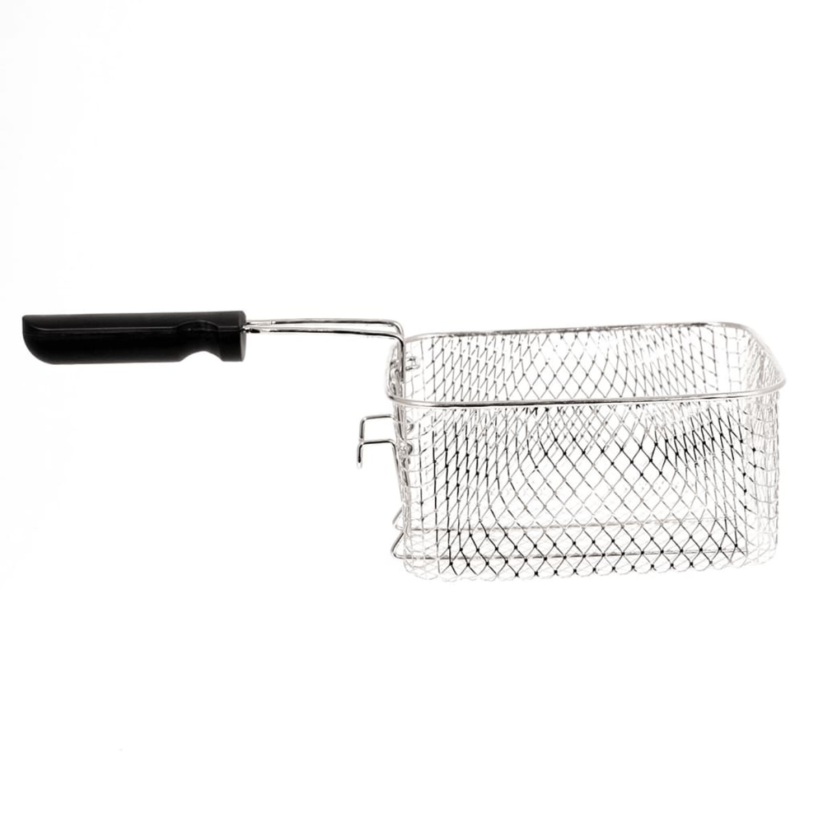 RVS frituurmand met een zwarte handgreep. De mand is leeg.