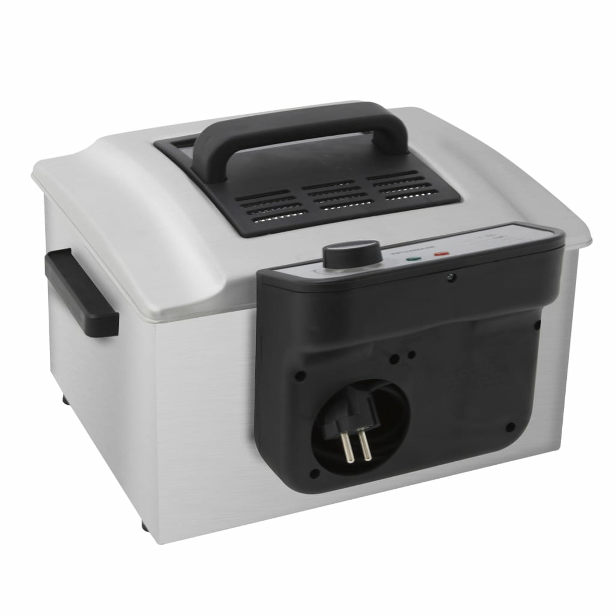 Silver deep fryer with a black control panel. The brand is unknown, but it has a plug.
