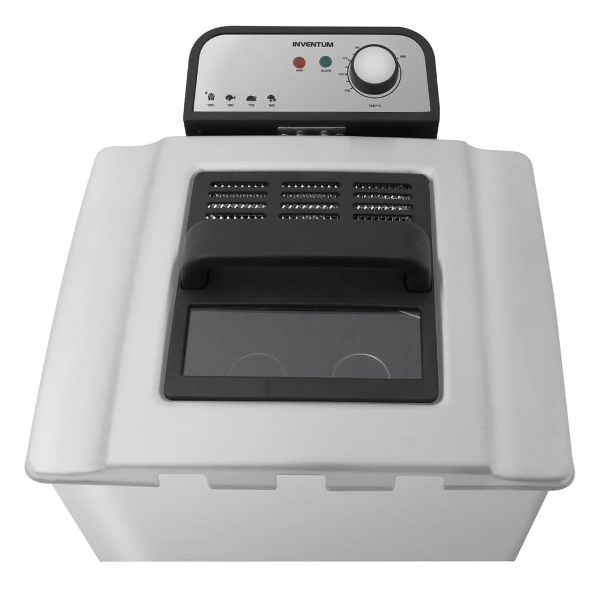 White deep fryer, top view. Control panel, handle, and a transparent window on the front side.