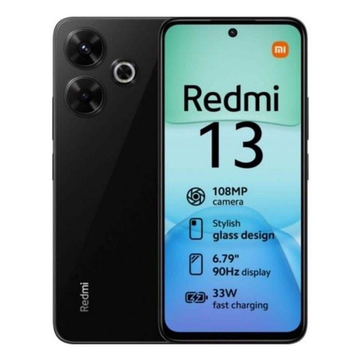 Czarny telefon Redmi 13 z ekranem i specyfikacją. Widoczny podwójny aparat.