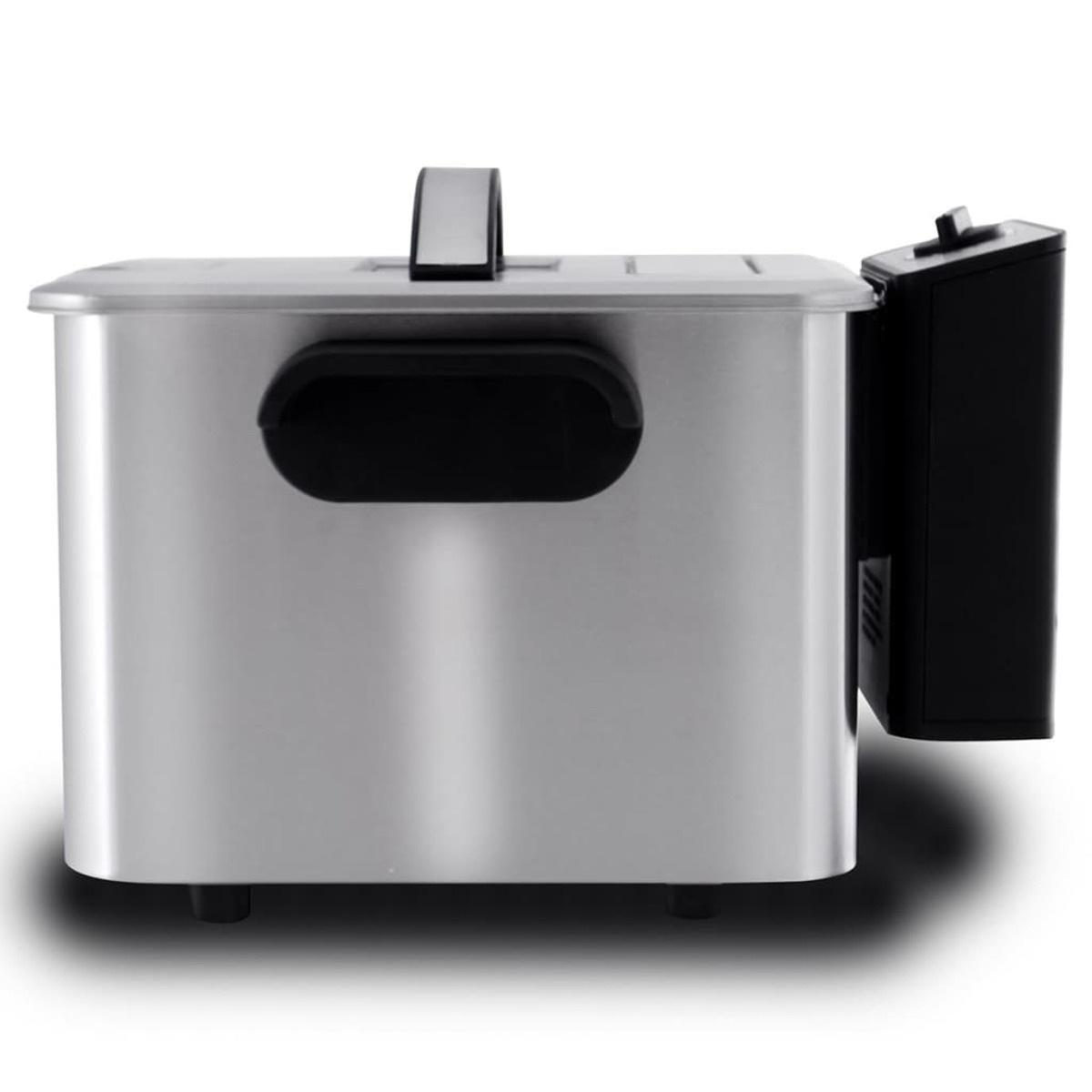 Silver deep fryer with black handle and control panel.