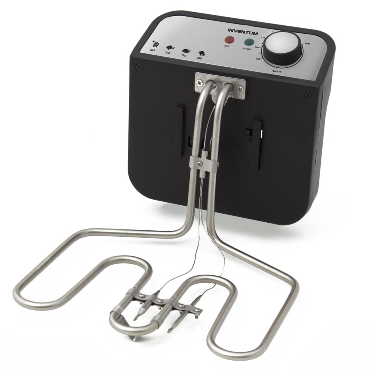 Deep fryer, black with silver details. Control panel and heating element visible.