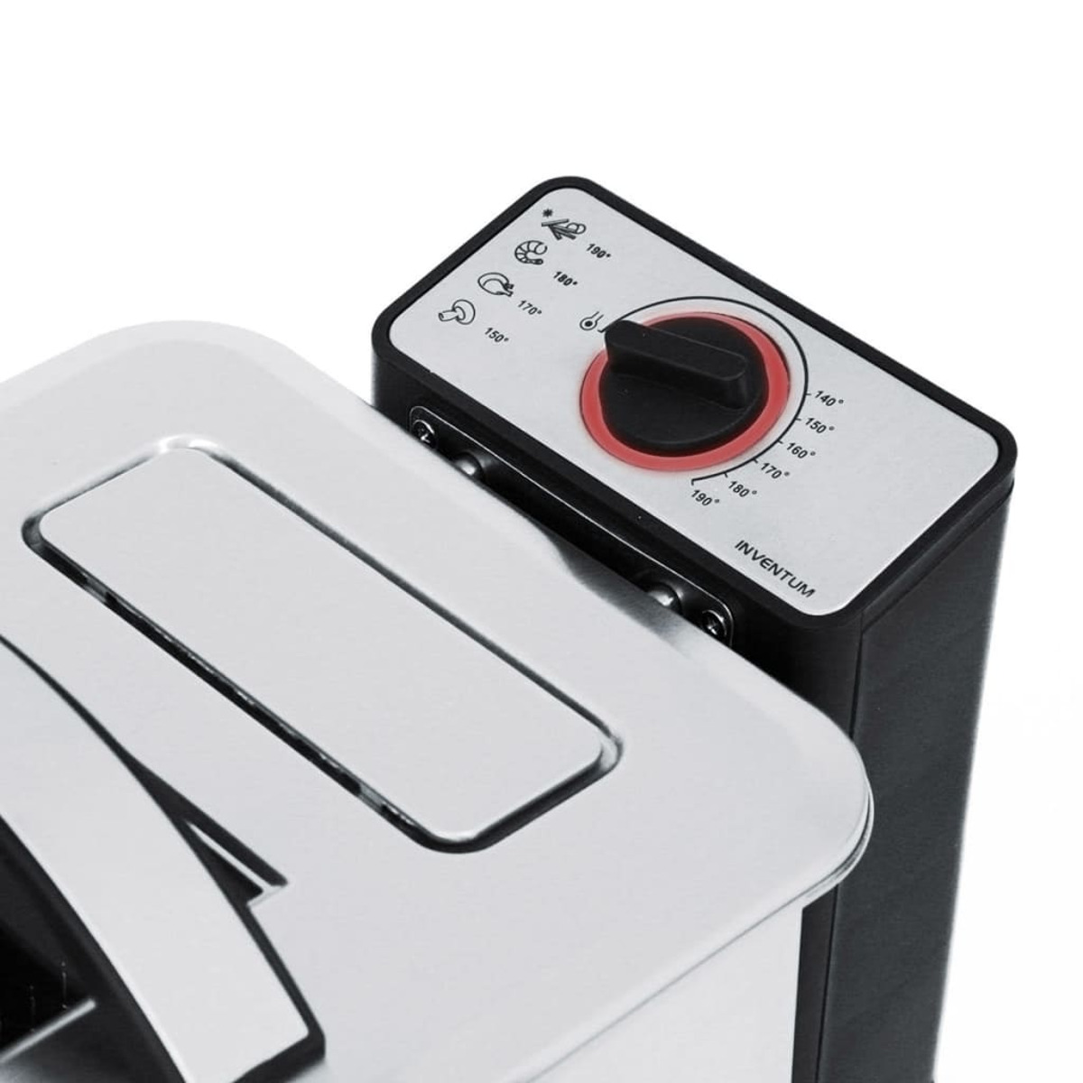 Close up of a black deep fryer control panel branded Inventum with temperature dial.