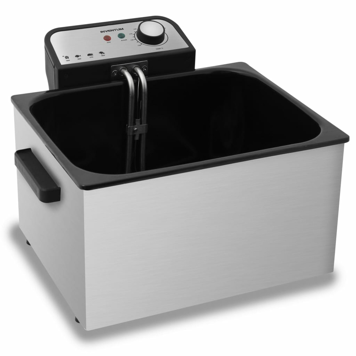 Stainless steel deep fryer with a control panel on top.