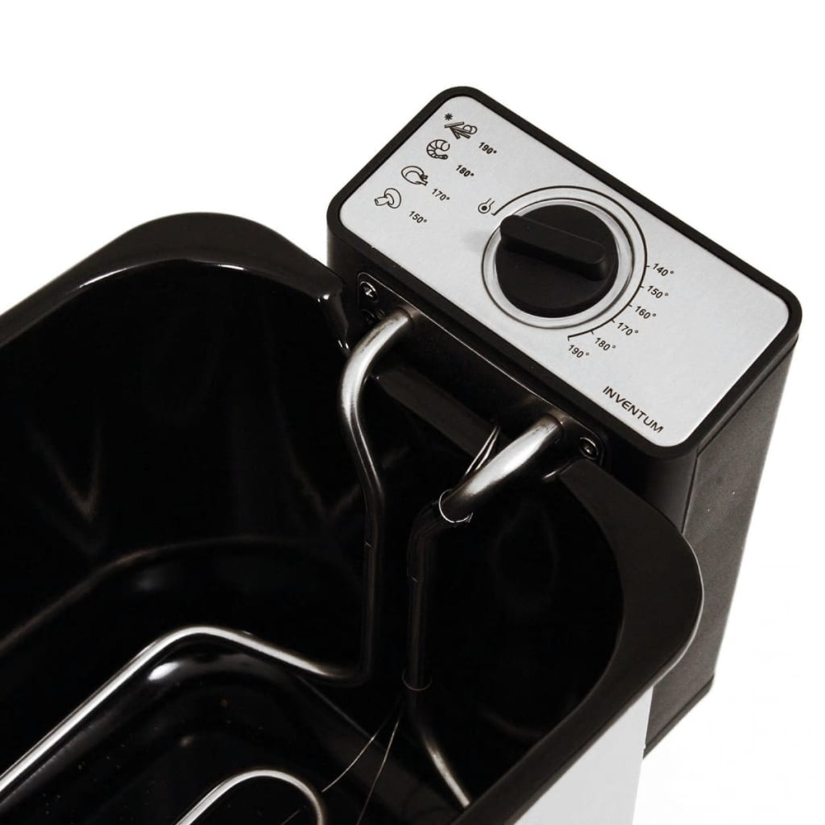 A deep fryer with a temperature control panel and a black container. White background.