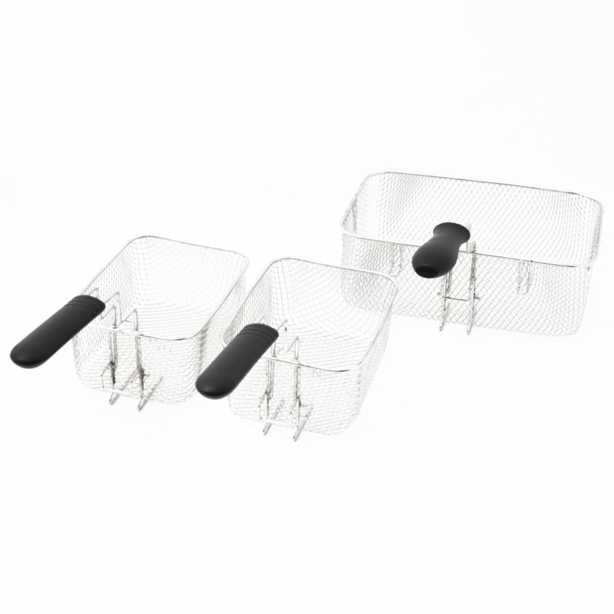Three metal fry baskets with handles on white background. One large, two smaller.