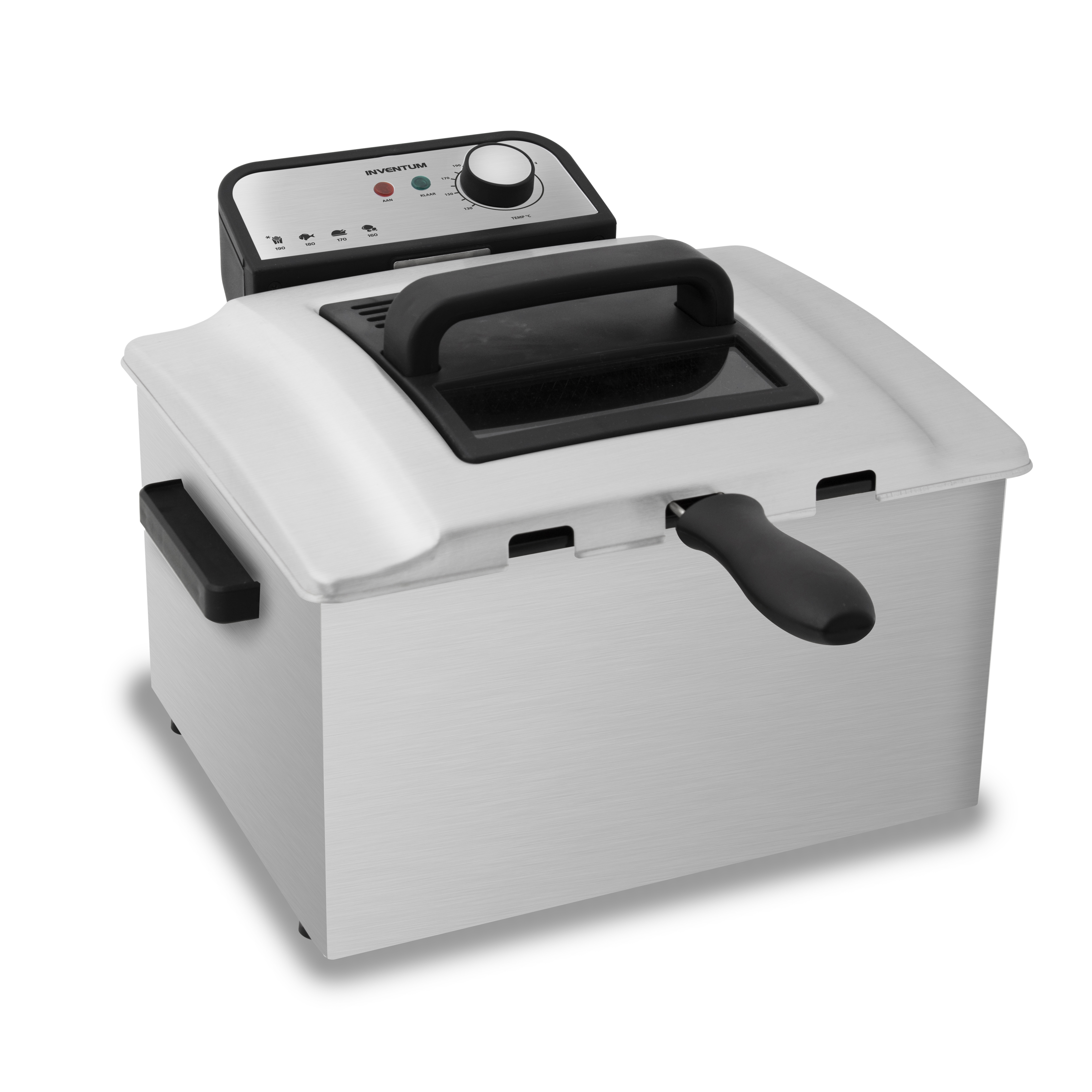 A silver deep fryer with a black handle and control panel.