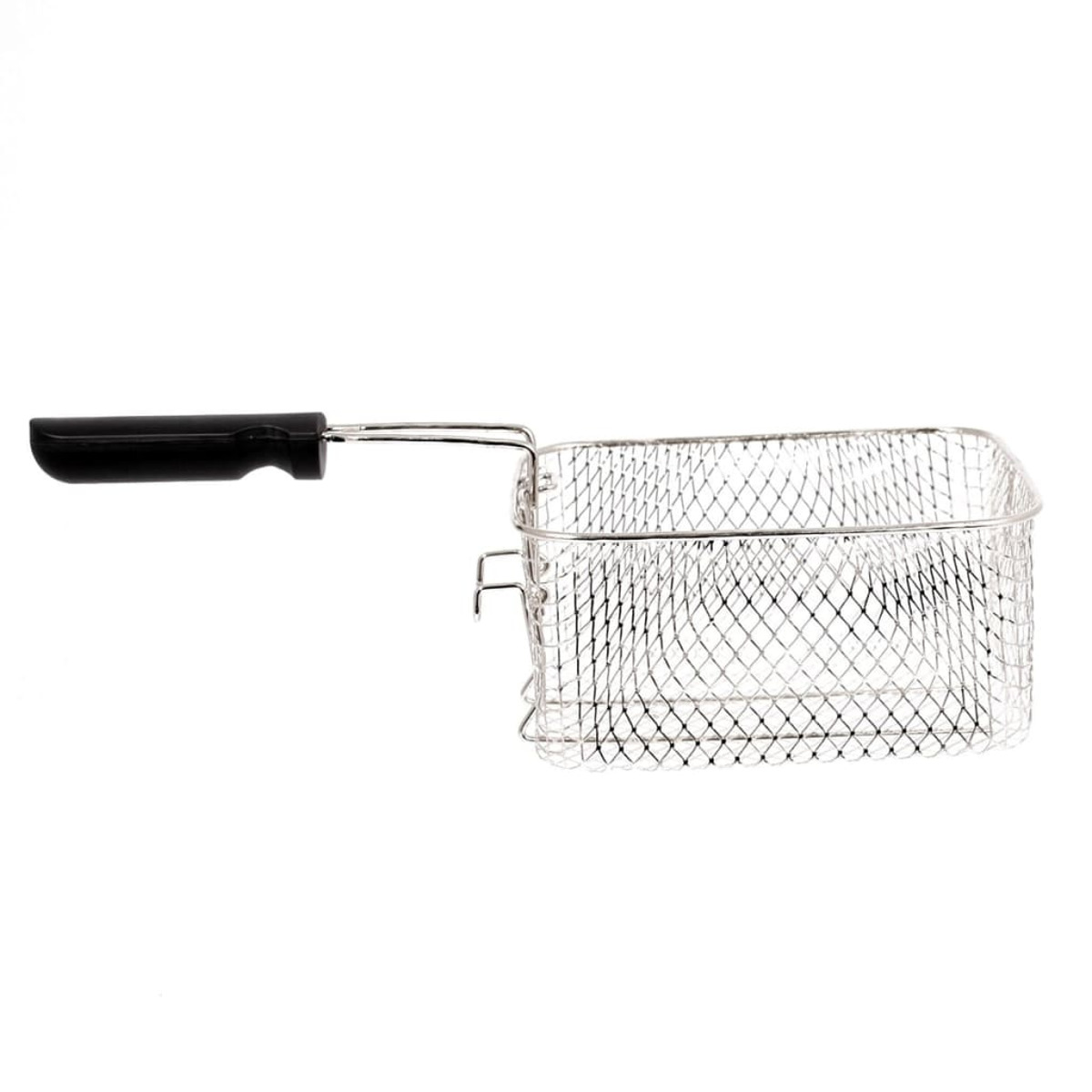 A metal wire frying basket with a black handle, isolated on white.