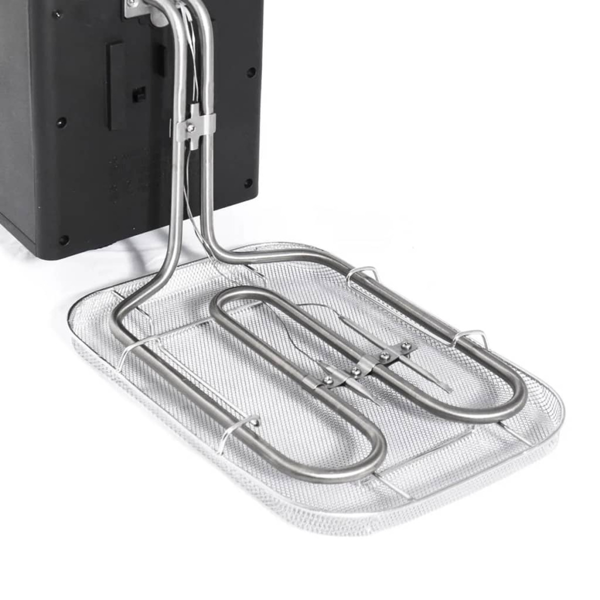 Stainless steel deep fryer heating element and basket on a white background.