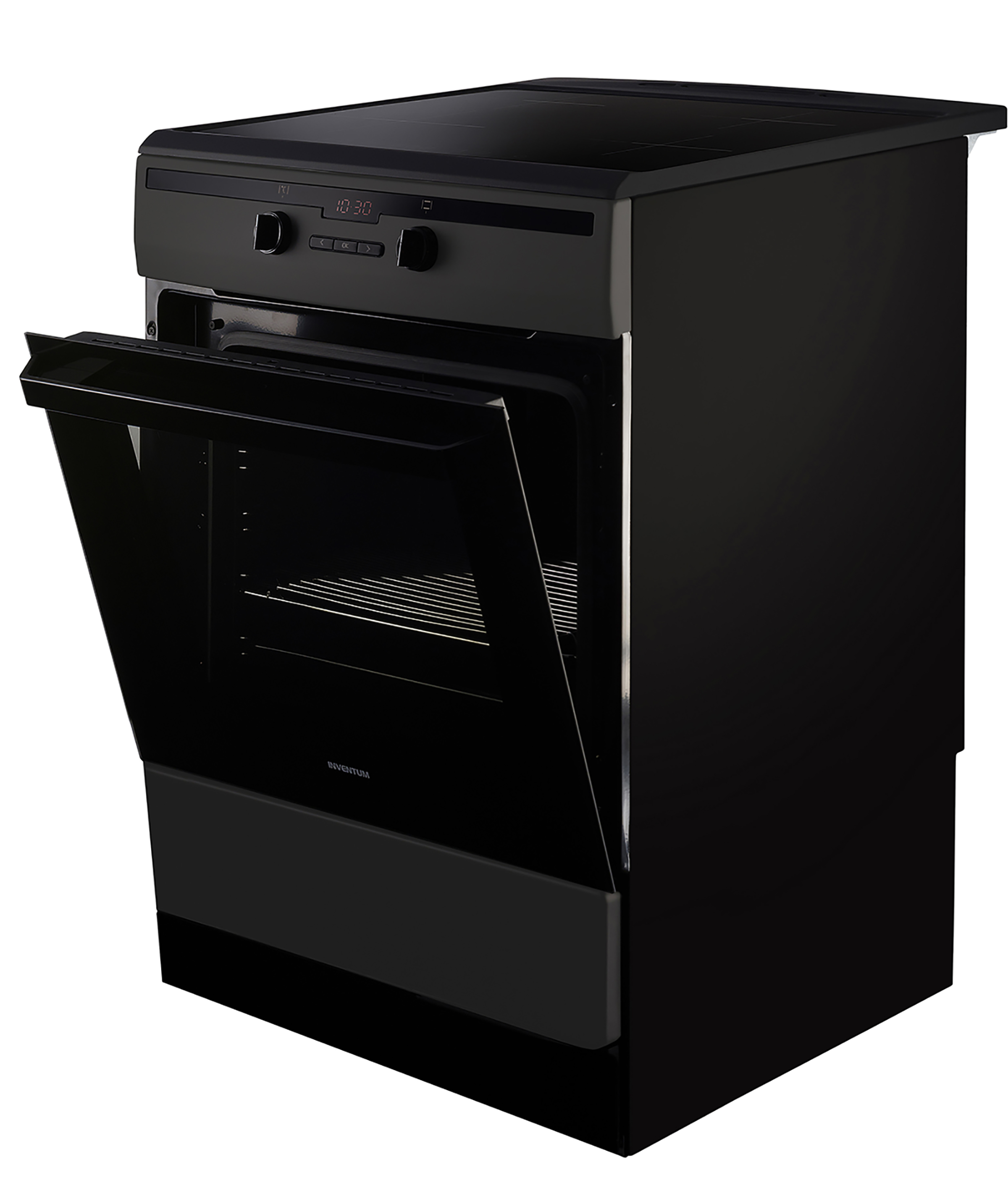 Black oven with open door, showing interior racks. Digital display on the top panel and knobs.