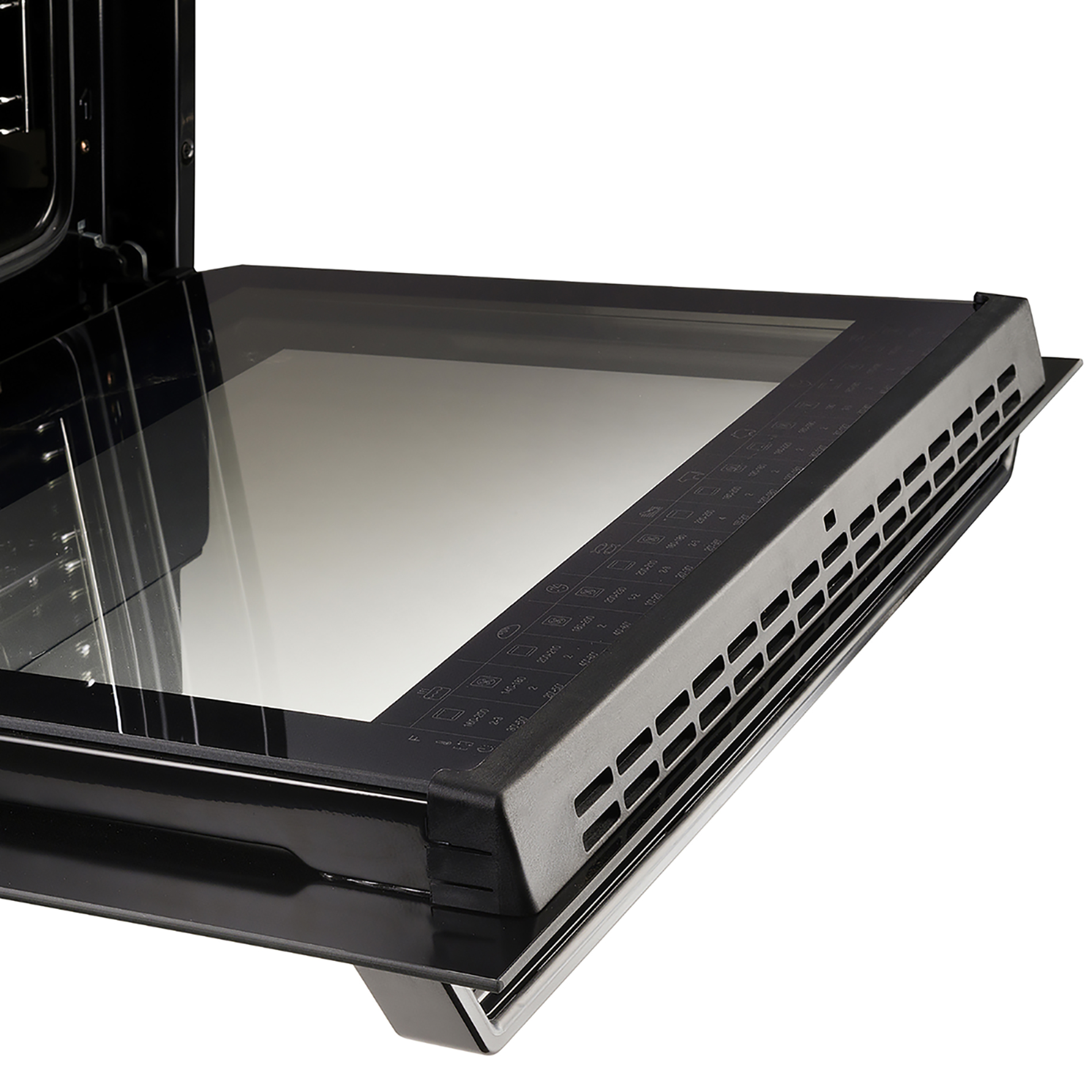 Close-up of an oven door. The inside glass is visible. The door frame is black.