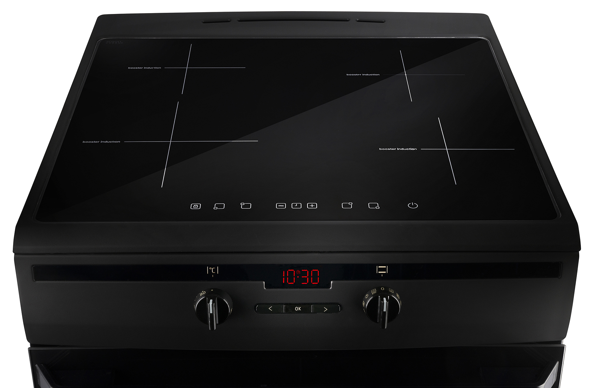 Black induction cooktop. Digital display shows 10:30. Two knobs at the bottom, several touch buttons.