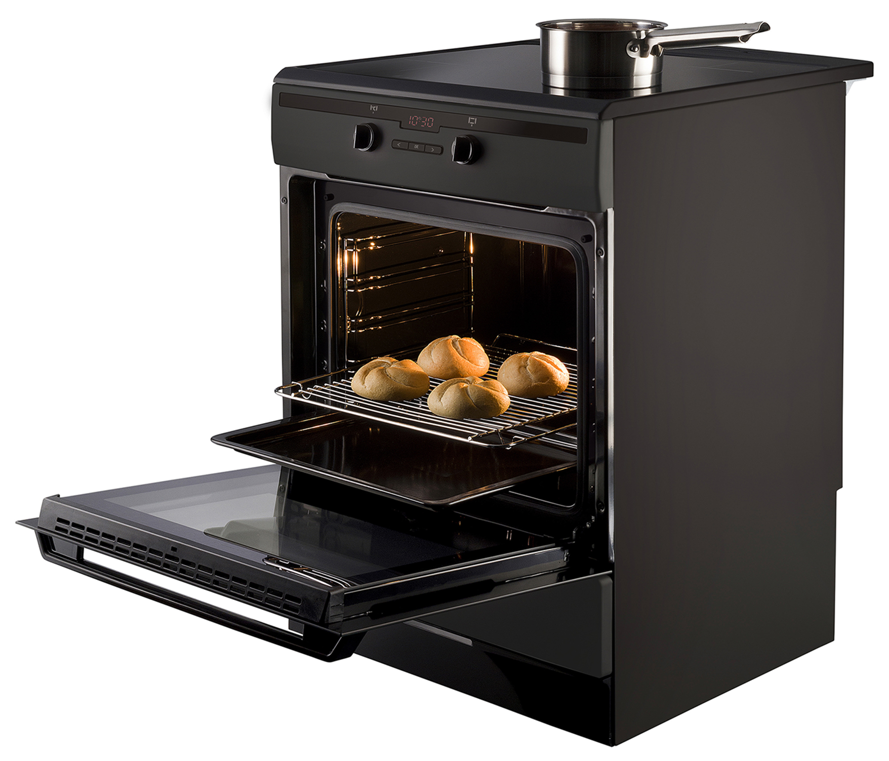 Black oven with open door. Rolls are on the rack. A small pot sits on the top.