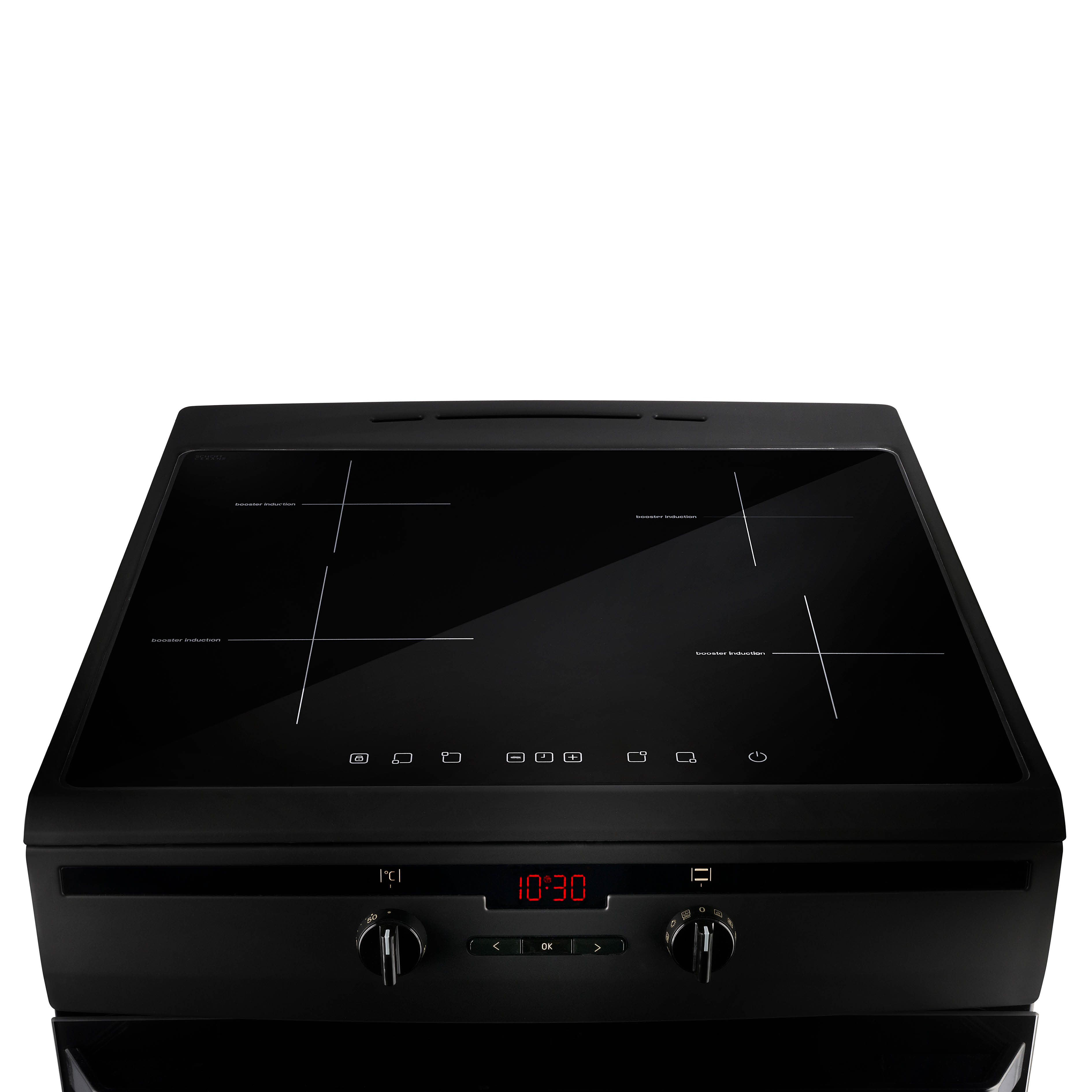 Black induction cooktop with four cooking zones, digital display showing 10:30, and knobs.