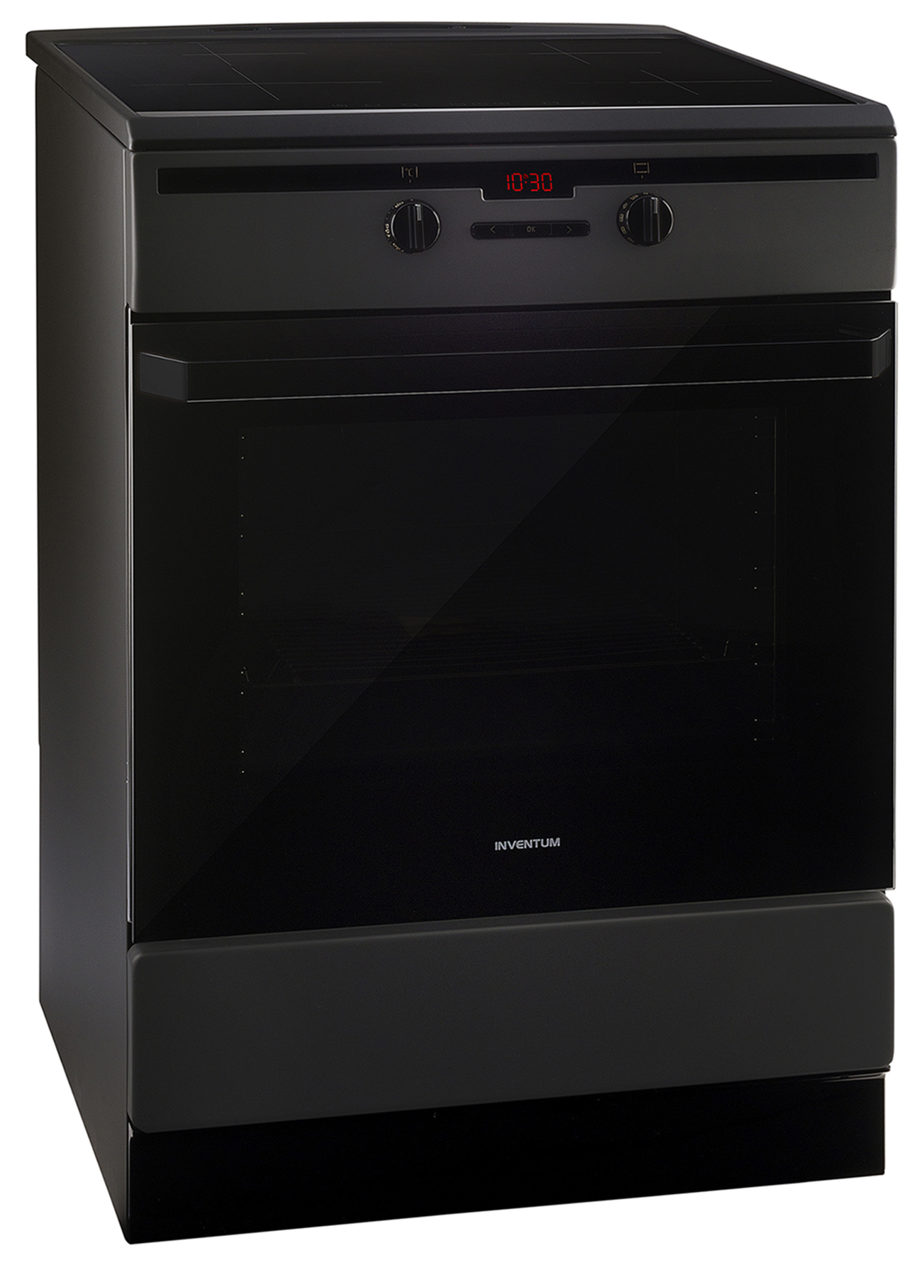 A black oven with a black stovetop and a digital display.