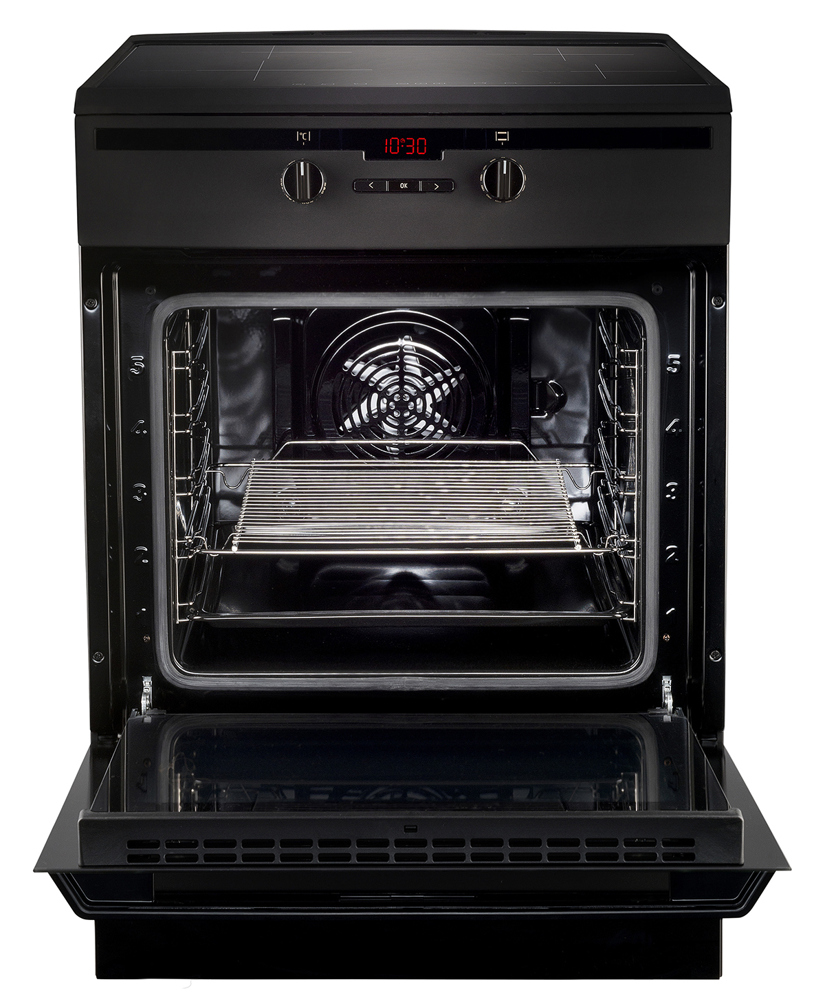 Black oven with an open door, interior with racks and fan visible.