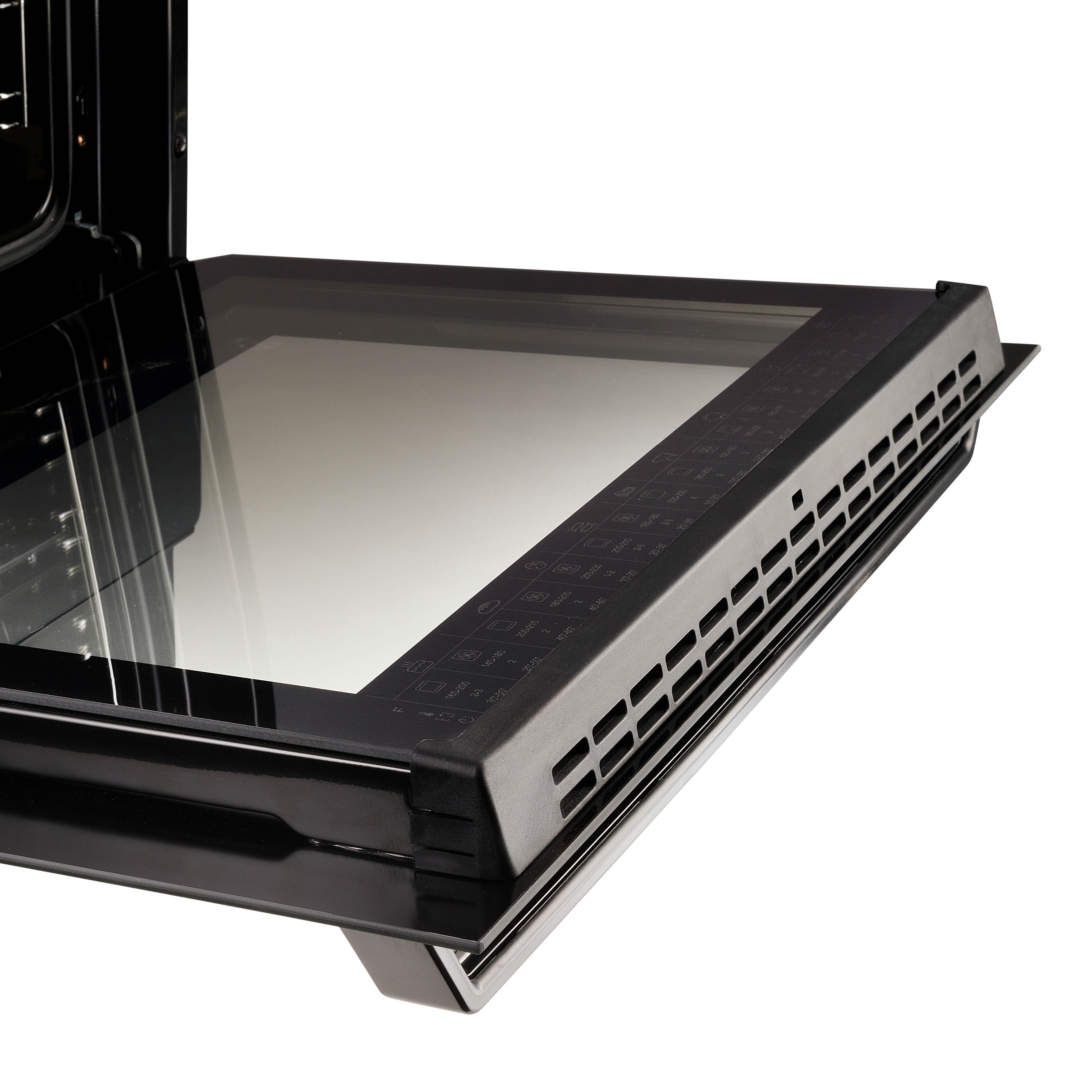 Oven door open, glass panel. Black frame, visible interior. White background.