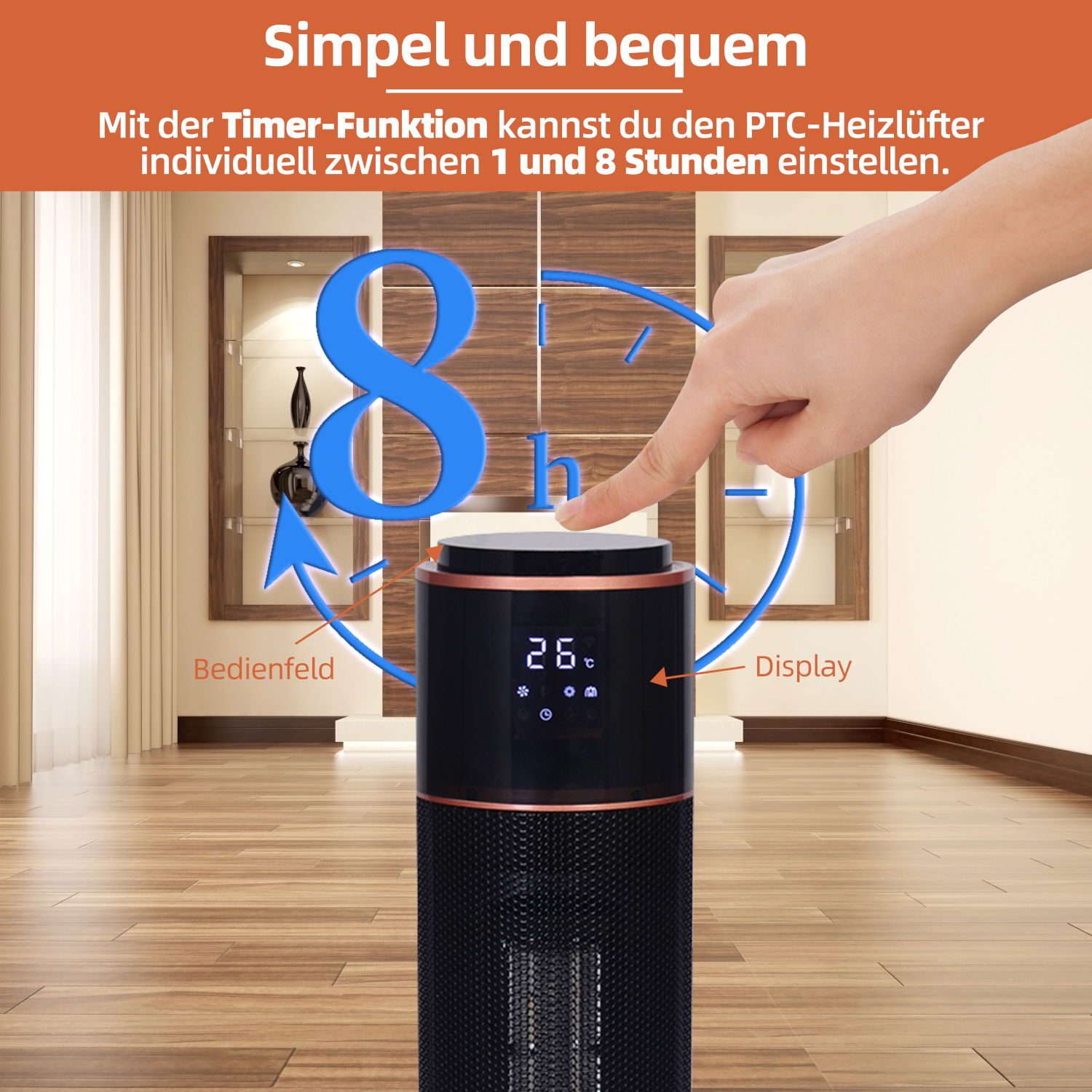 Die Hand einer Person drückt eine Taste auf einem Gerät. Das Display zeigt die Zahl acht.