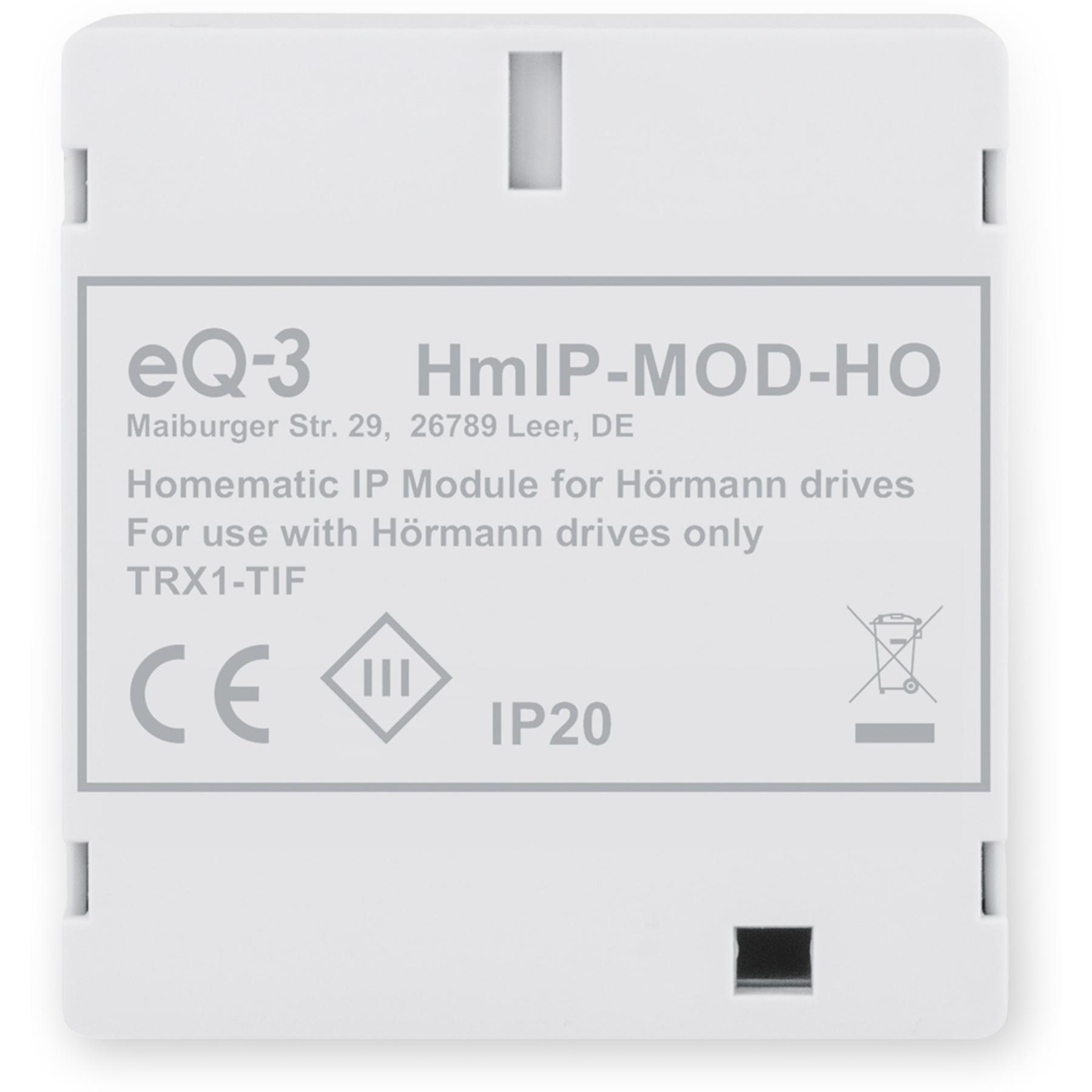 Ein weißes eQ-3 Homematic IP Modul mit Etiketten auf weißem Hintergrund.