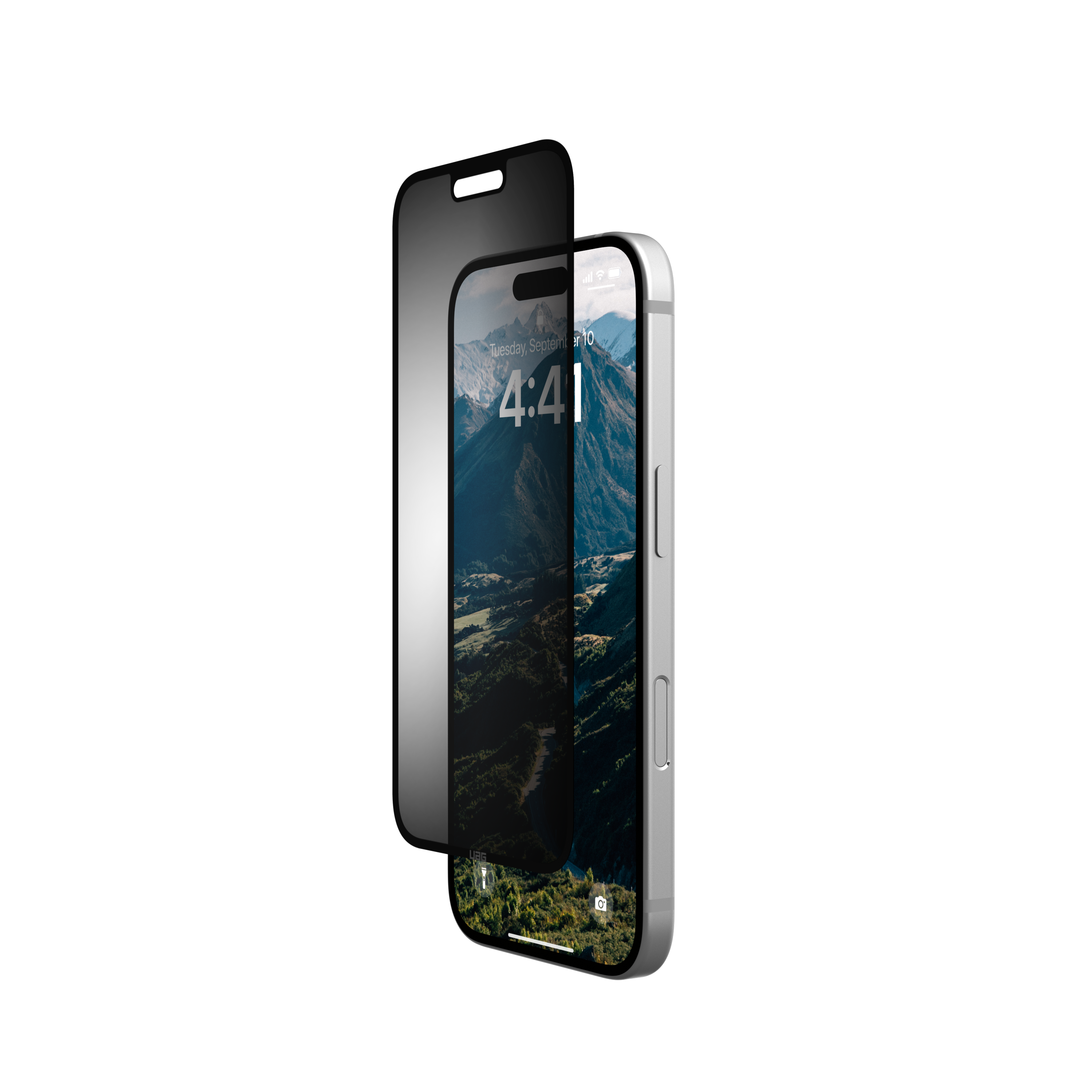 Un telefono, una protezione per lo schermo e la schermata di blocco con montagne.